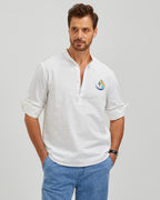 EMBROIDERED LINEN COTTON POPOVER SHIRT - WHITE