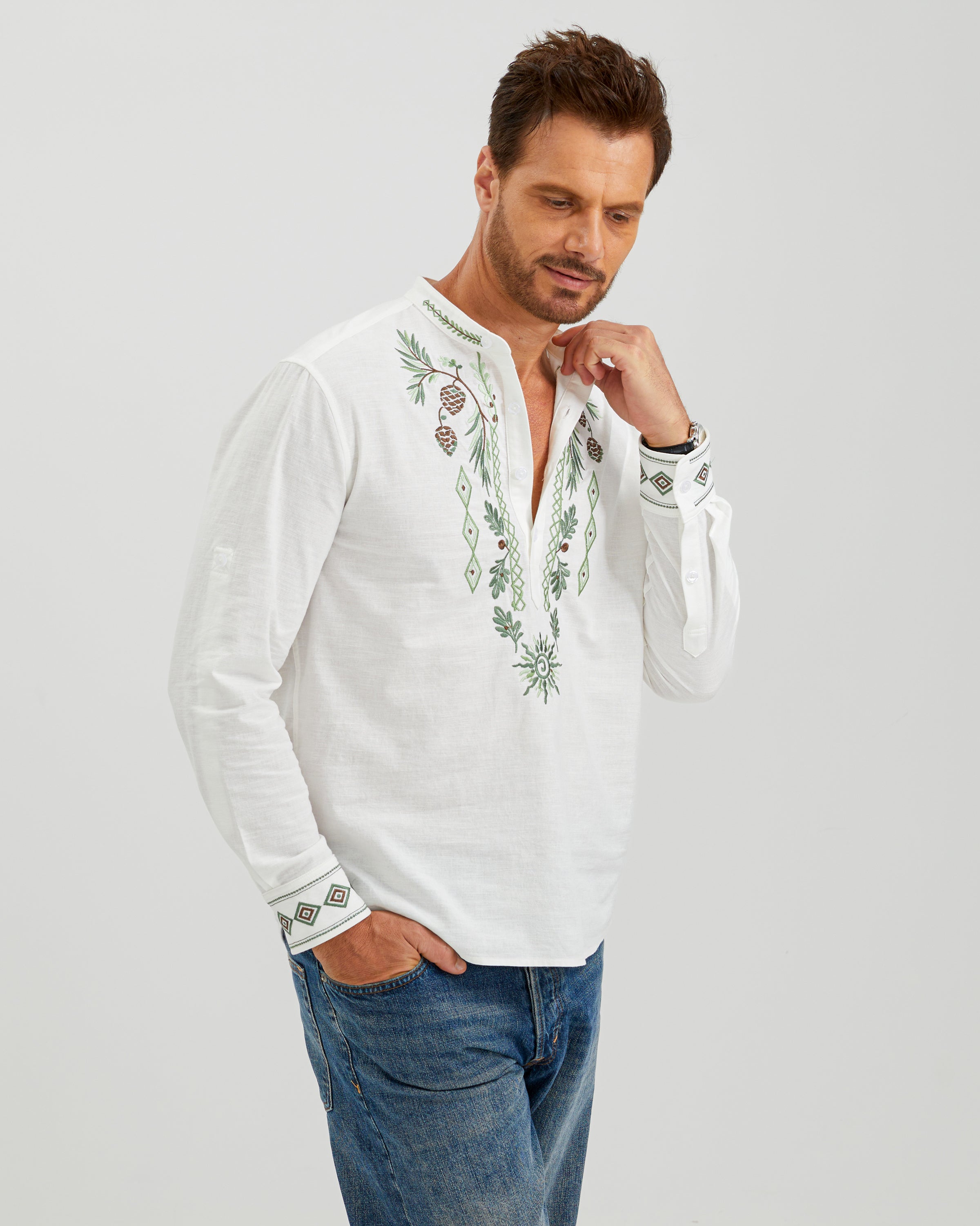 EMBROIDERED LINEN COTTON POPOVER SHIRT - WHITE