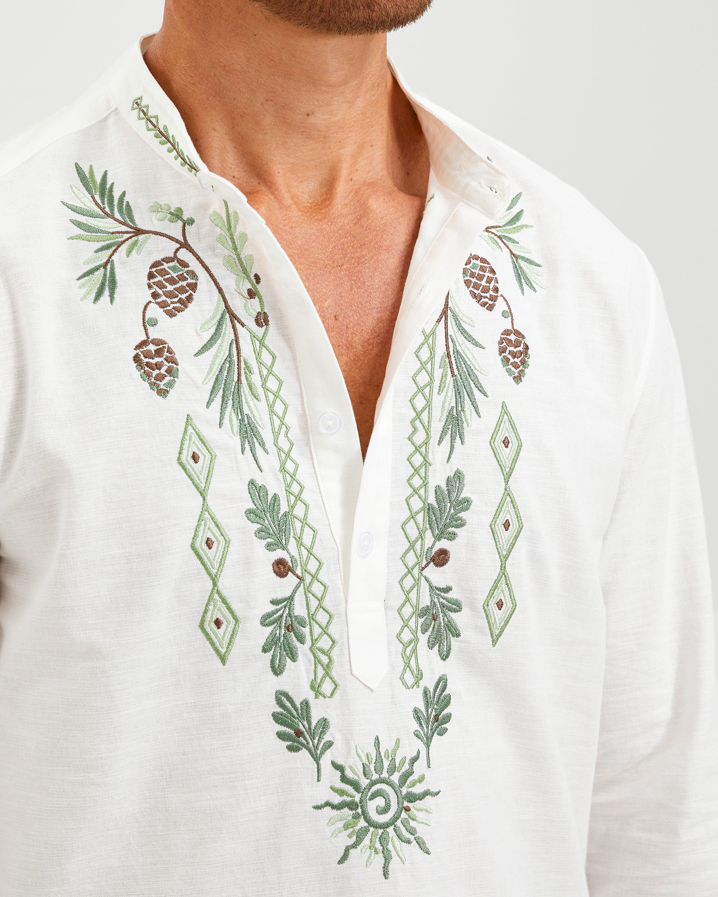 EMBROIDERED LINEN COTTON POPOVER SHIRT - WHITE