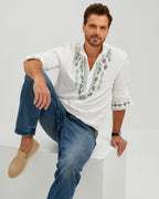 EMBROIDERED LINEN COTTON POPOVER SHIRT - WHITE