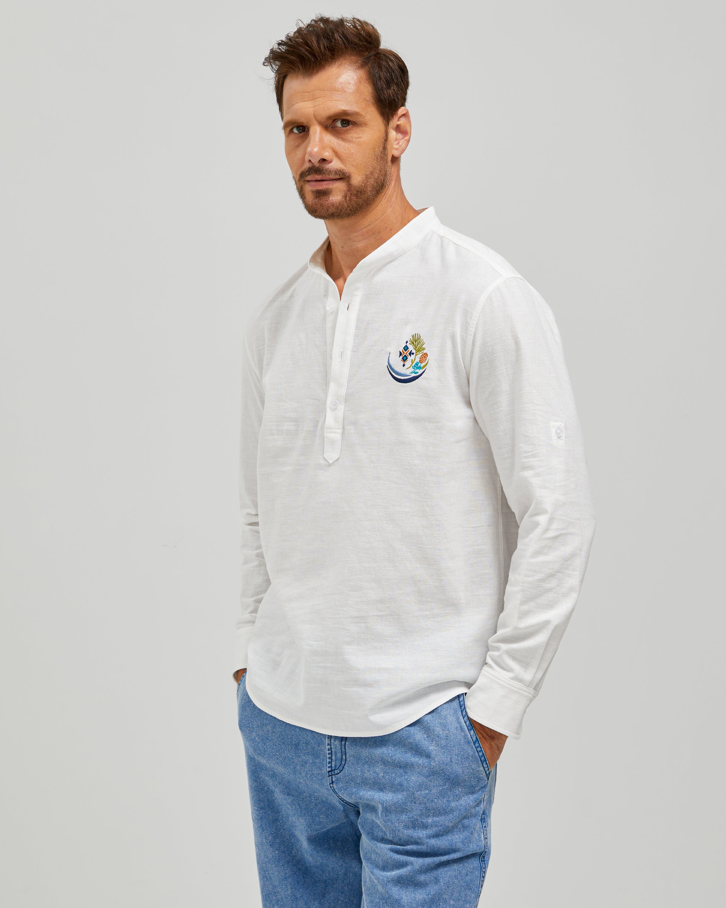 EMBROIDERED LINEN COTTON POPOVER SHIRT - WHITE