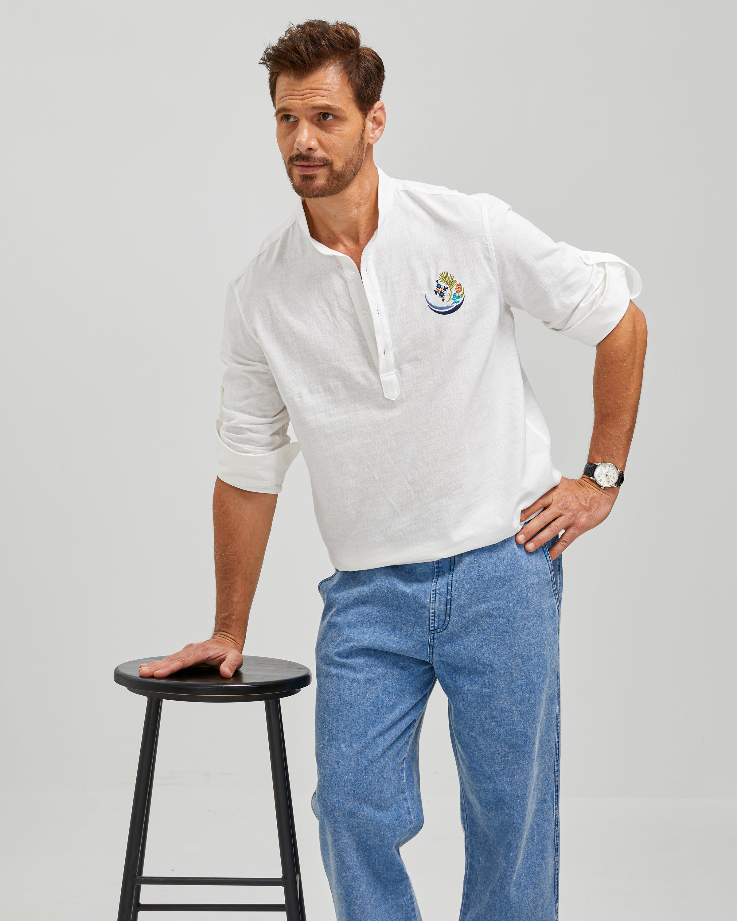 EMBROIDERED LINEN COTTON POPOVER SHIRT - WHITE