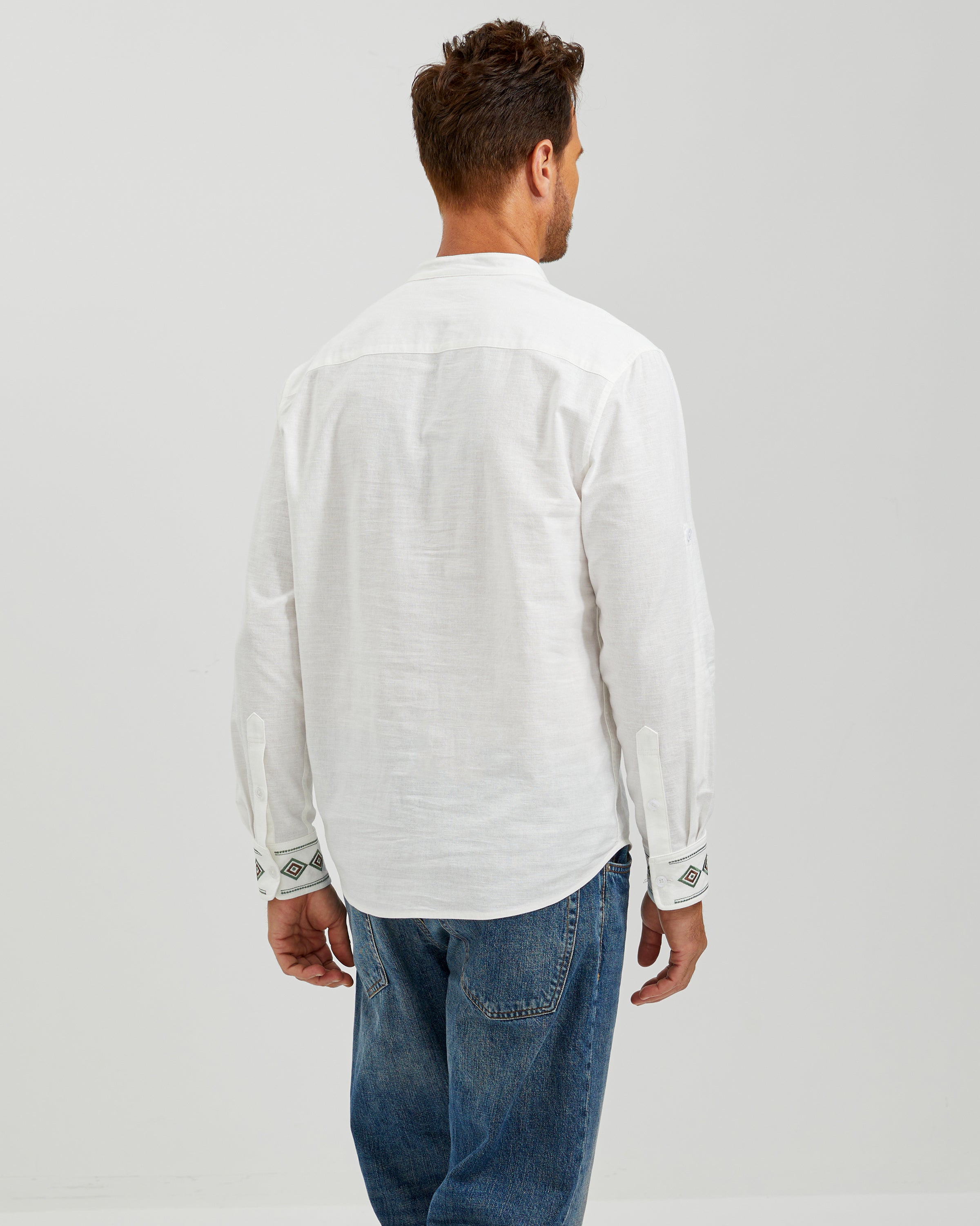 EMBROIDERED LINEN COTTON POPOVER SHIRT - WHITE