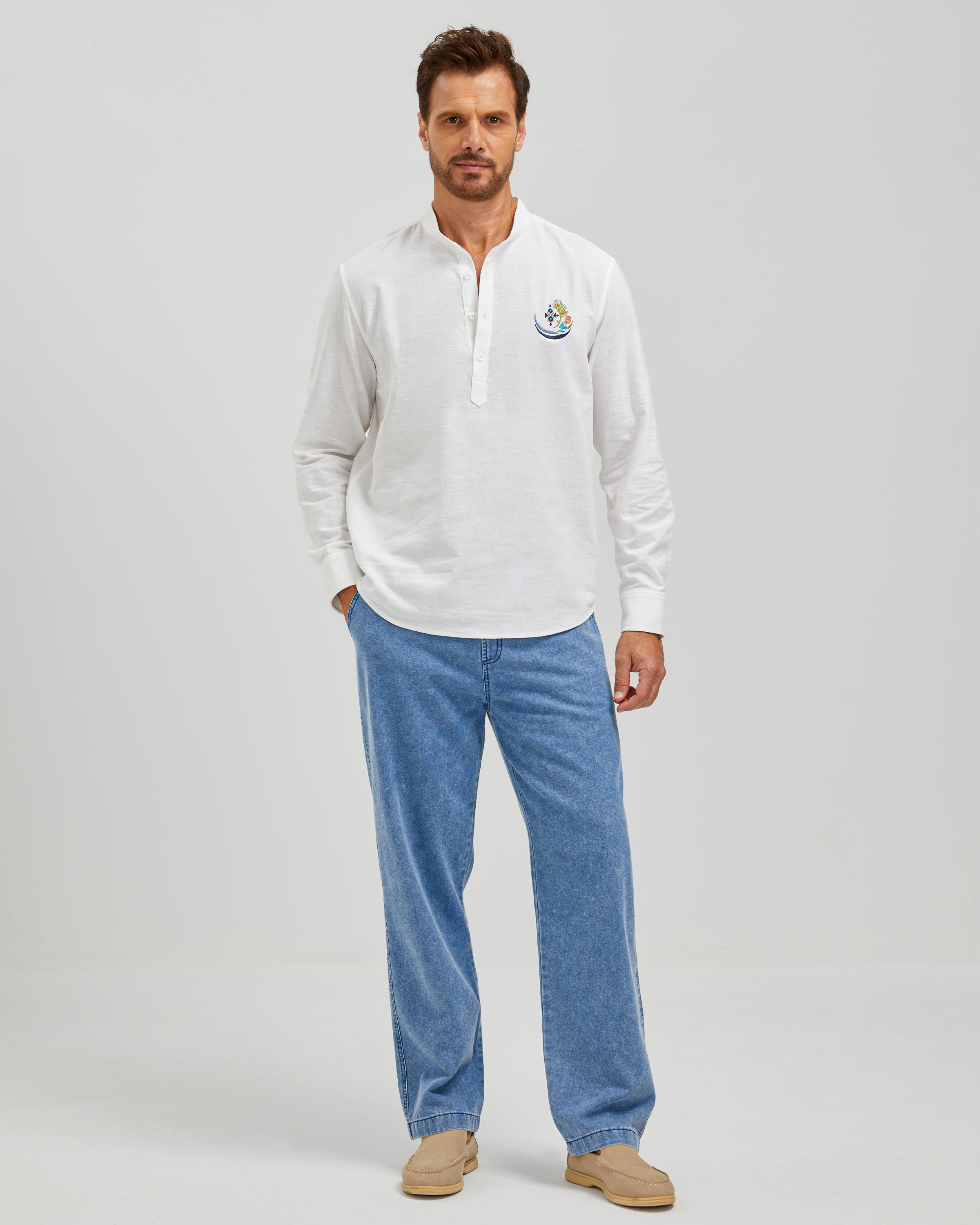 EMBROIDERED LINEN COTTON POPOVER SHIRT - WHITE