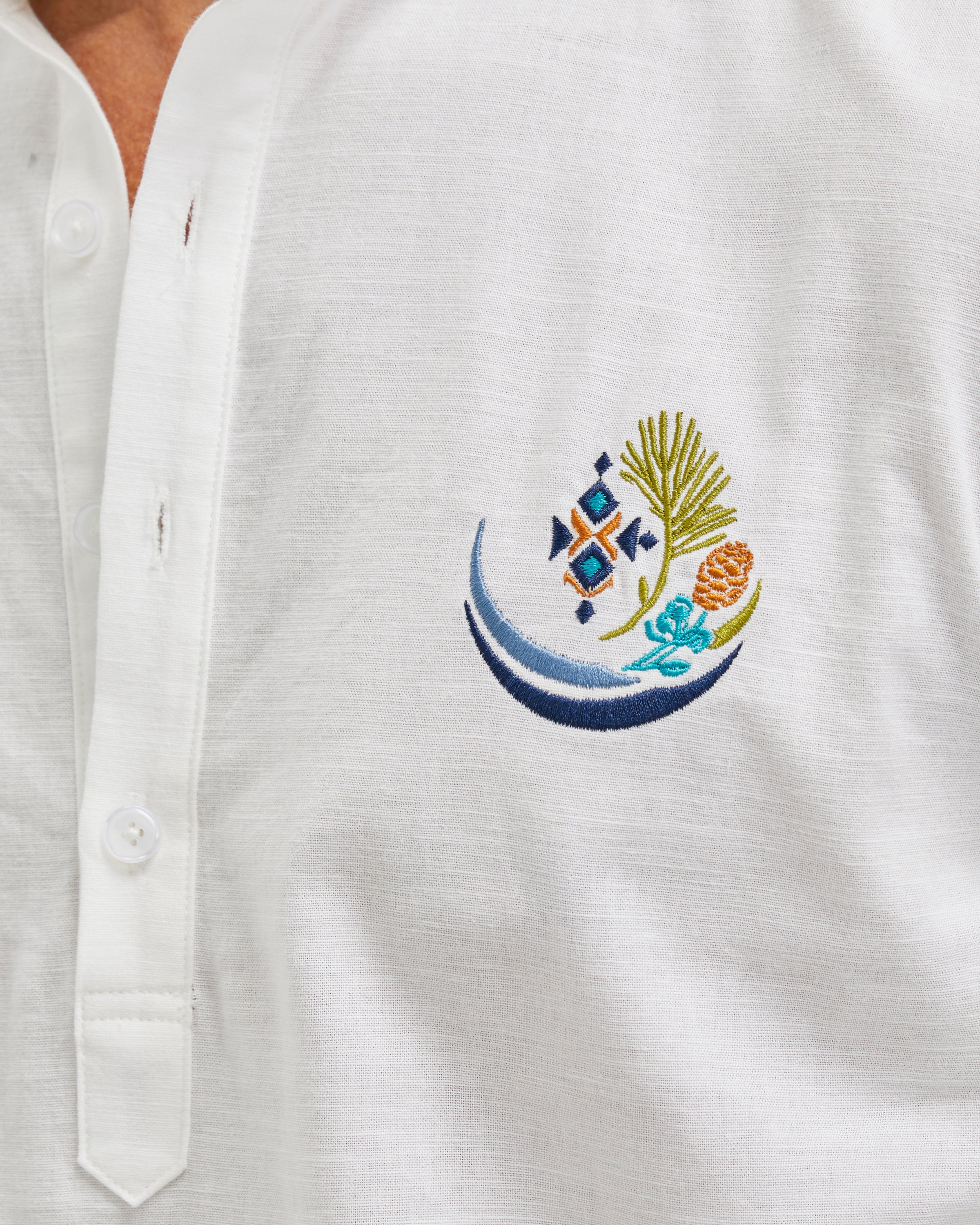 EMBROIDERED LINEN COTTON POPOVER SHIRT - WHITE