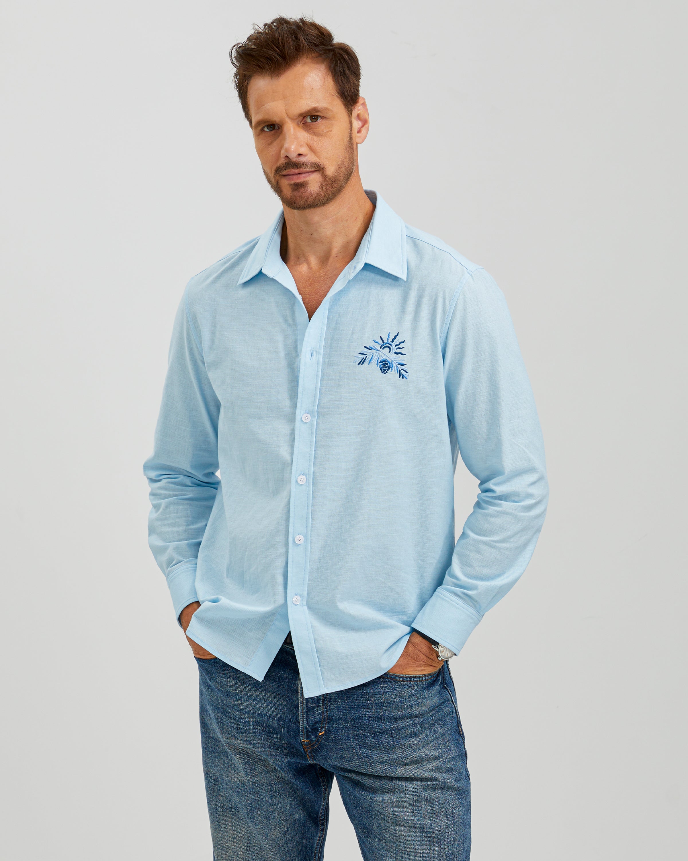 EMBROIDERED LINEN COTTON SHIRT - BLUE