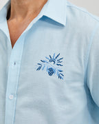 EMBROIDERED LINEN COTTON SHIRT - BLUE