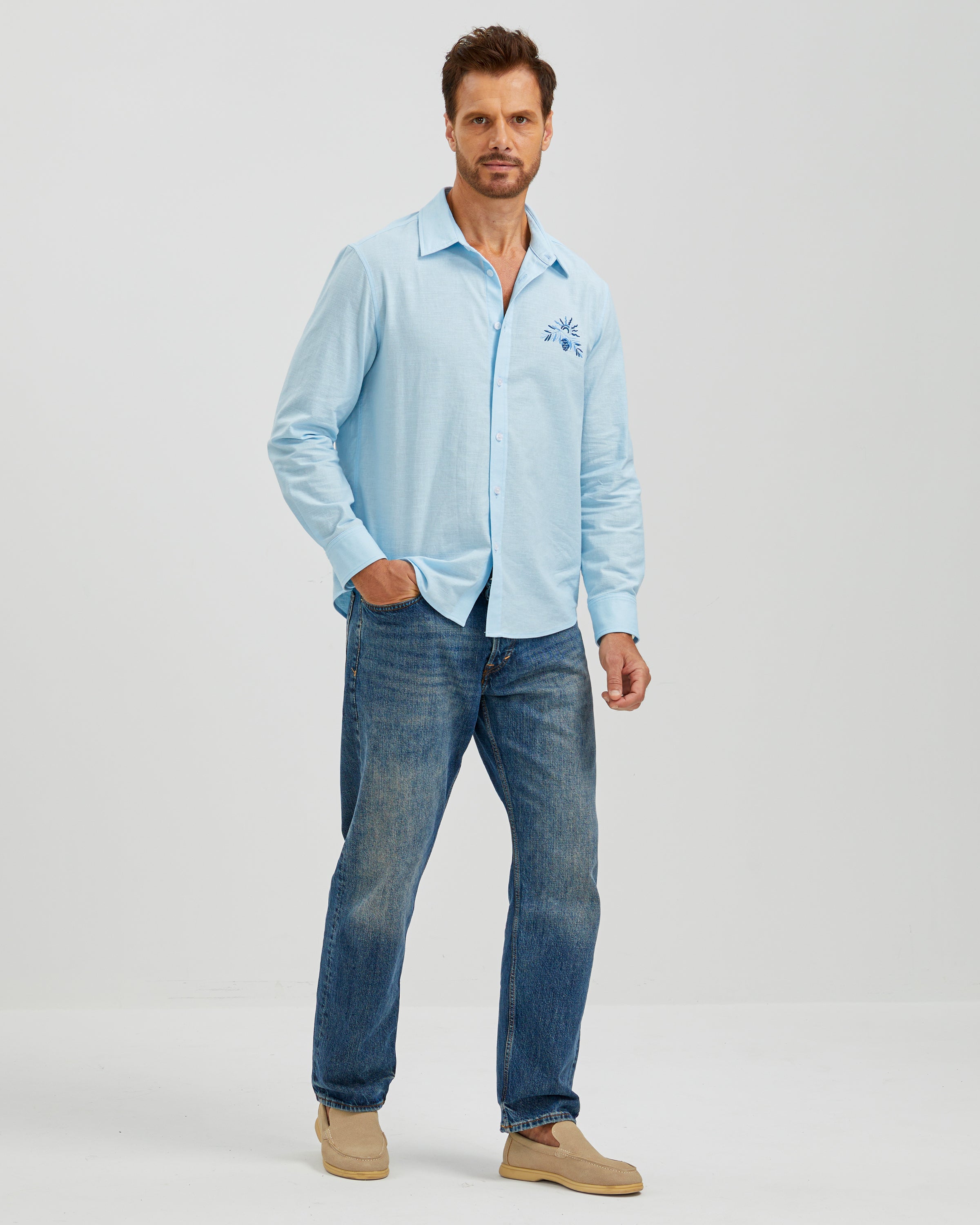 EMBROIDERED LINEN COTTON SHIRT - BLUE