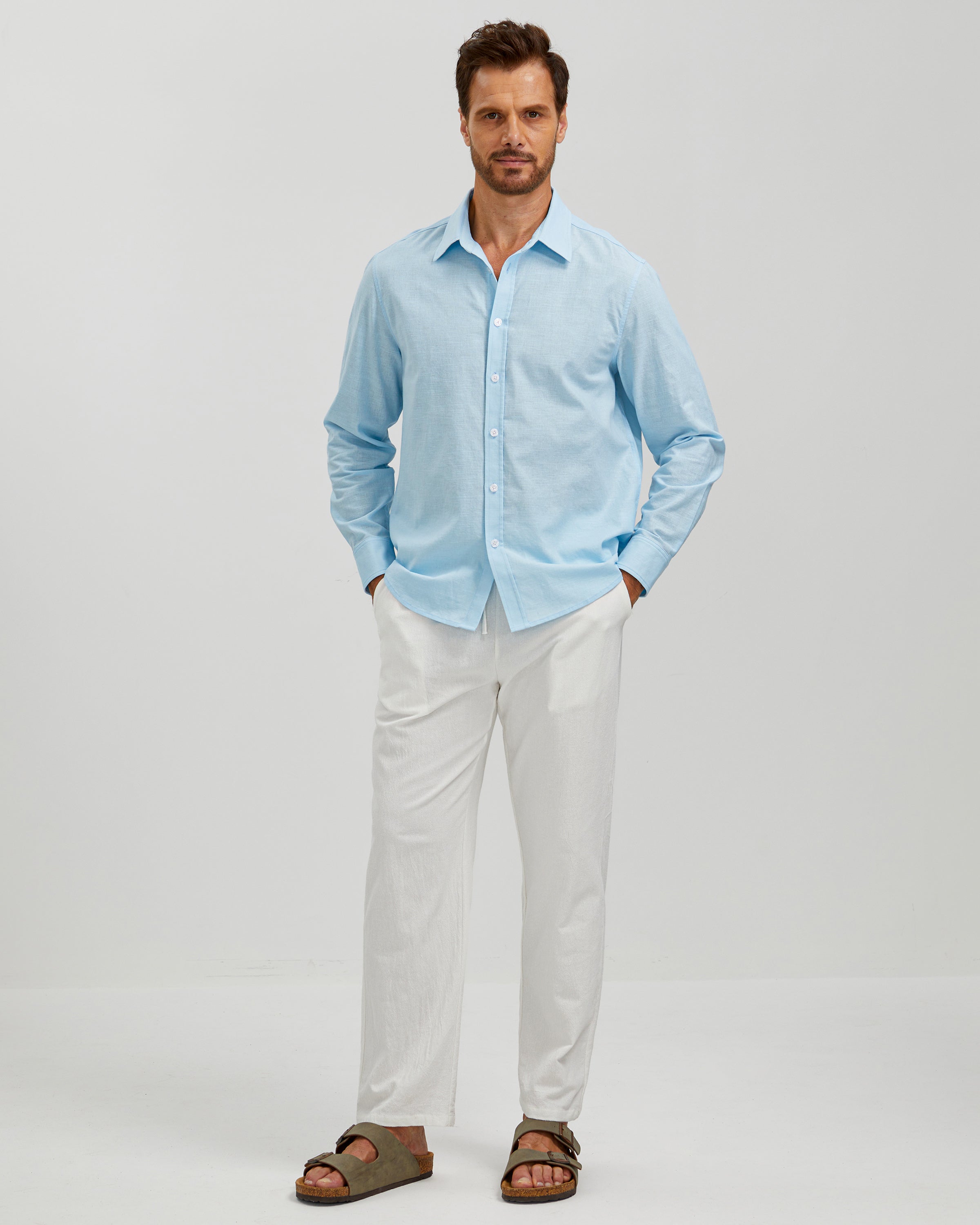 LINEN COTTON BUTTON UP SHIRT - BLUE