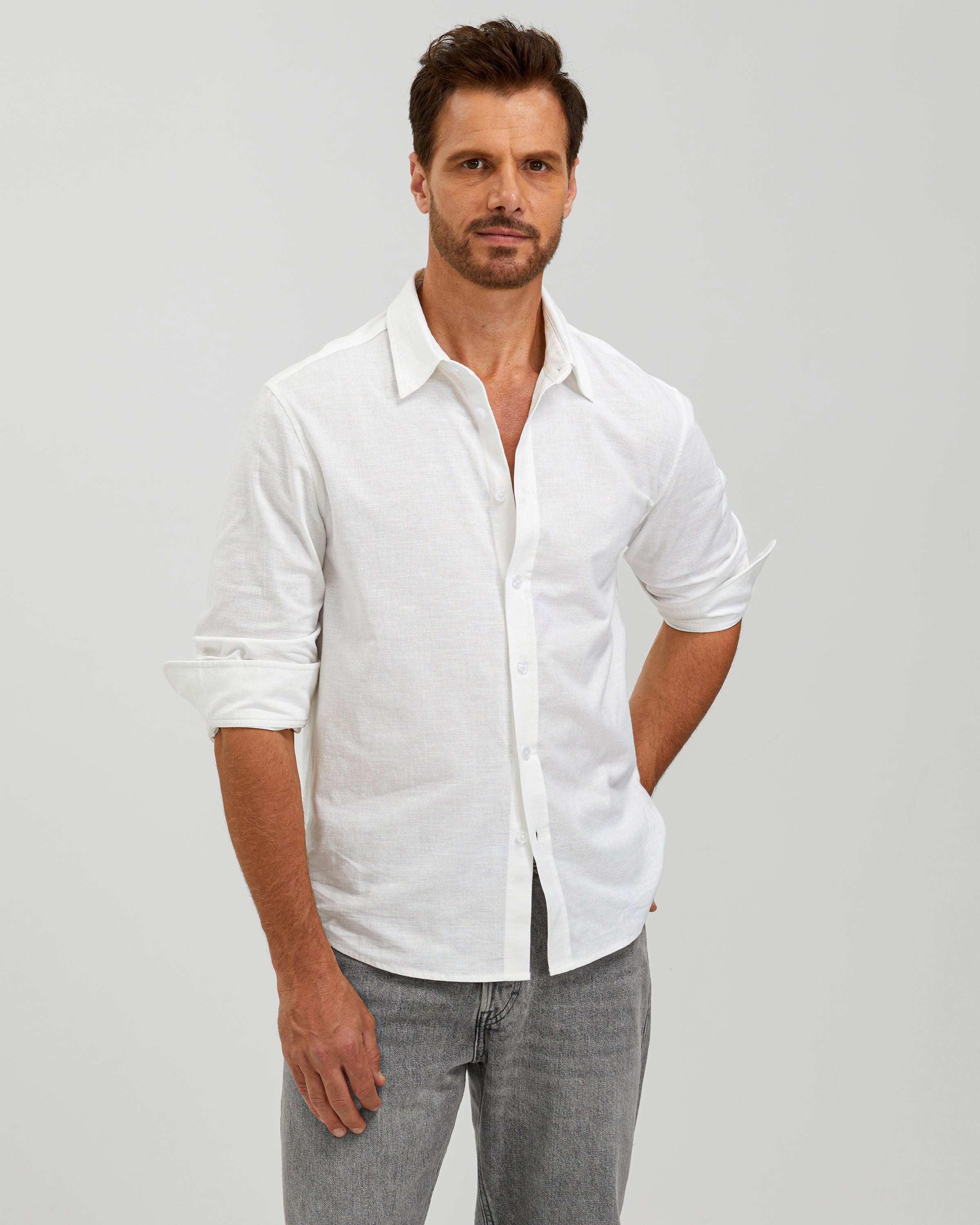 LINEN COTTON BUTTON UP SHIRT - WHITE