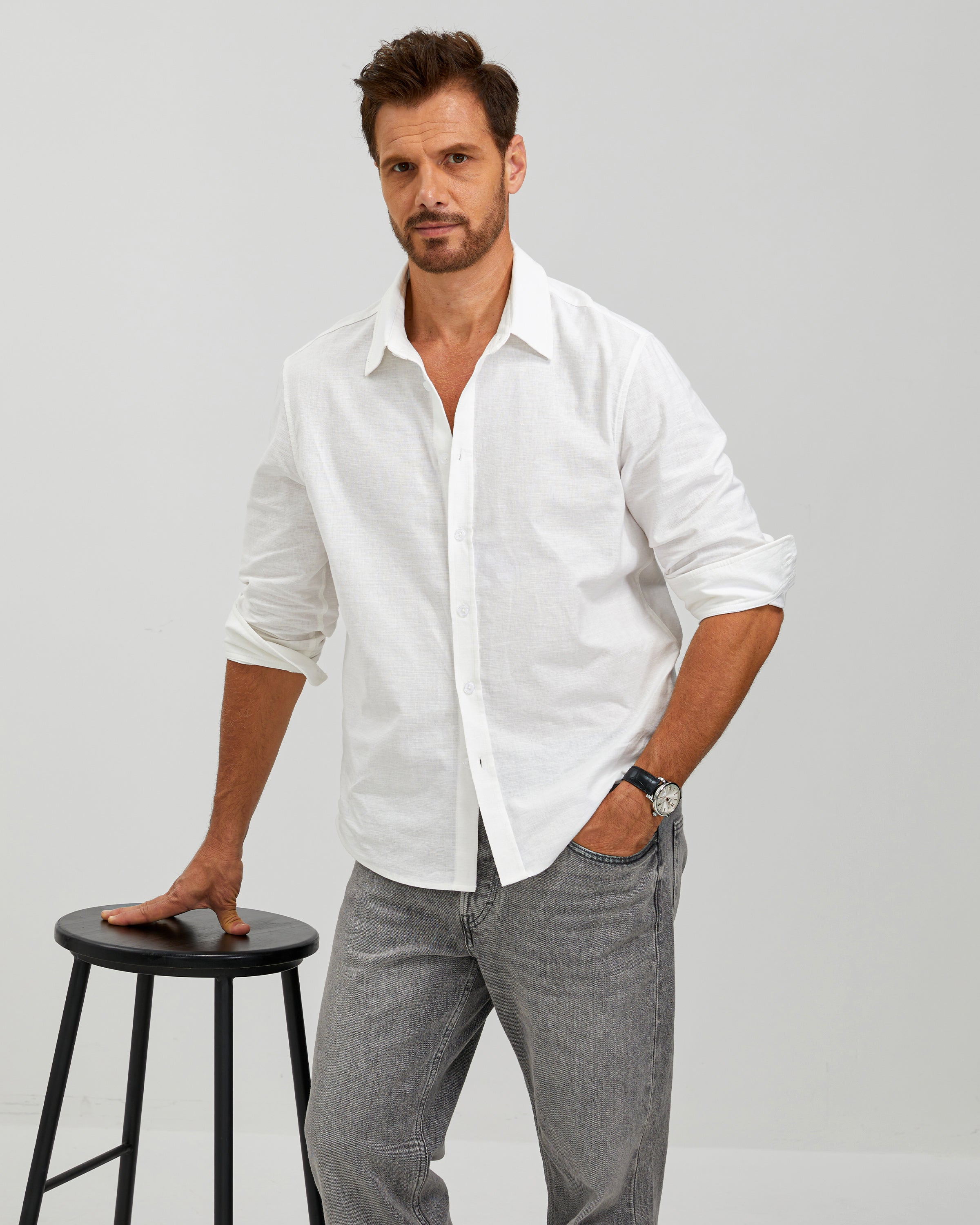 LINEN COTTON BUTTON UP SHIRT - WHITE
