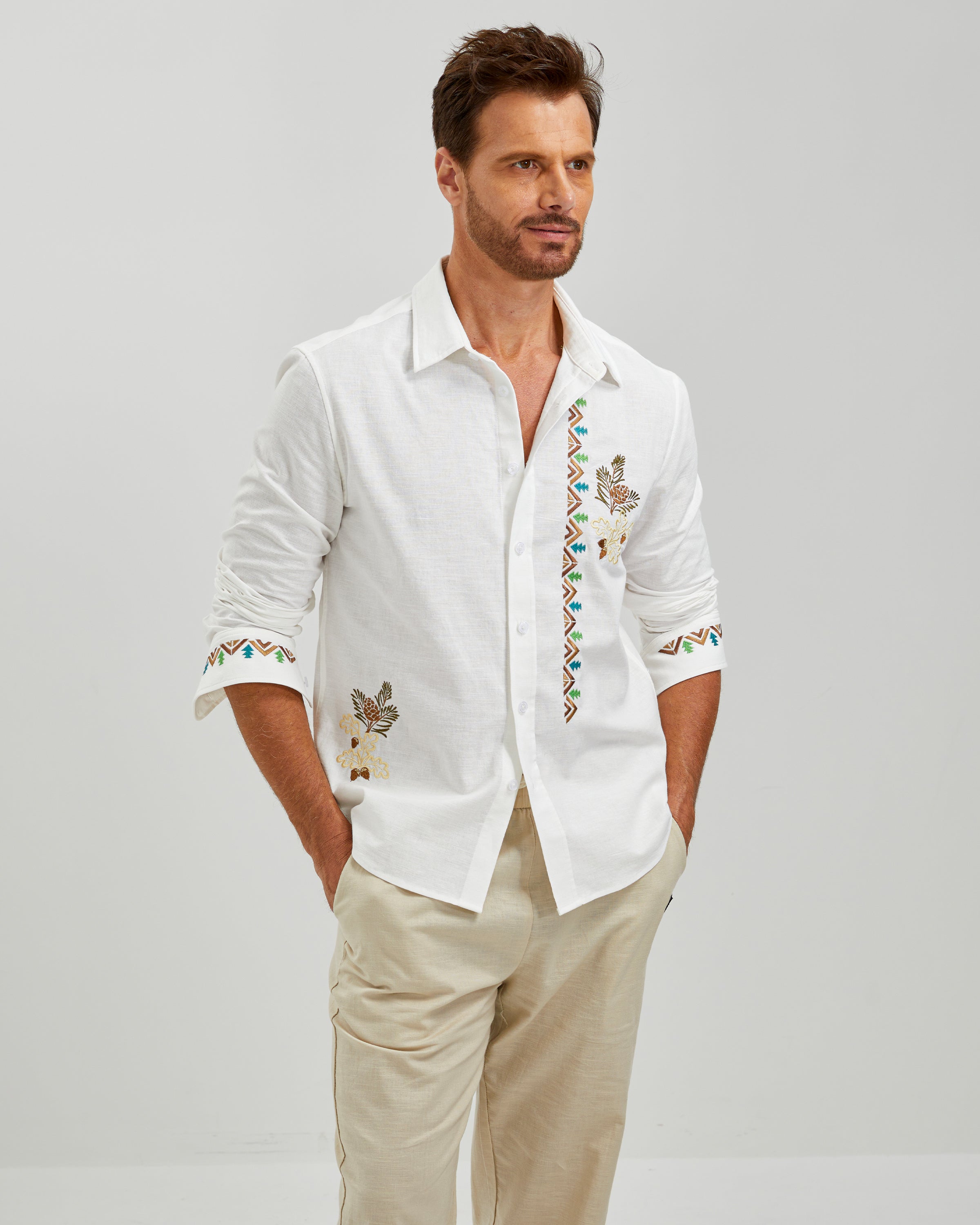 EMBROIDERED LINEN COTTON SHIRT - WHITE
