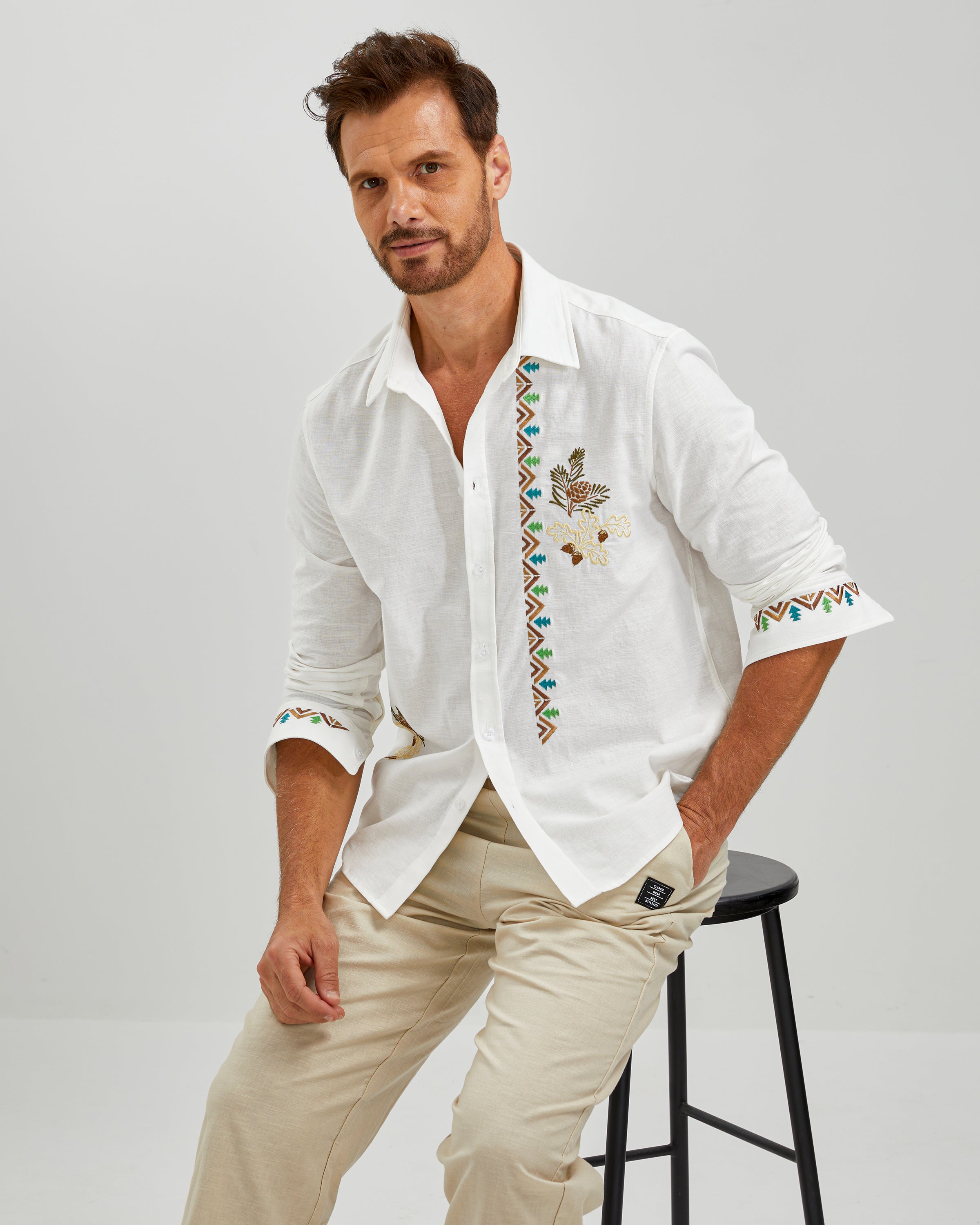 EMBROIDERED LINEN COTTON SHIRT - WHITE