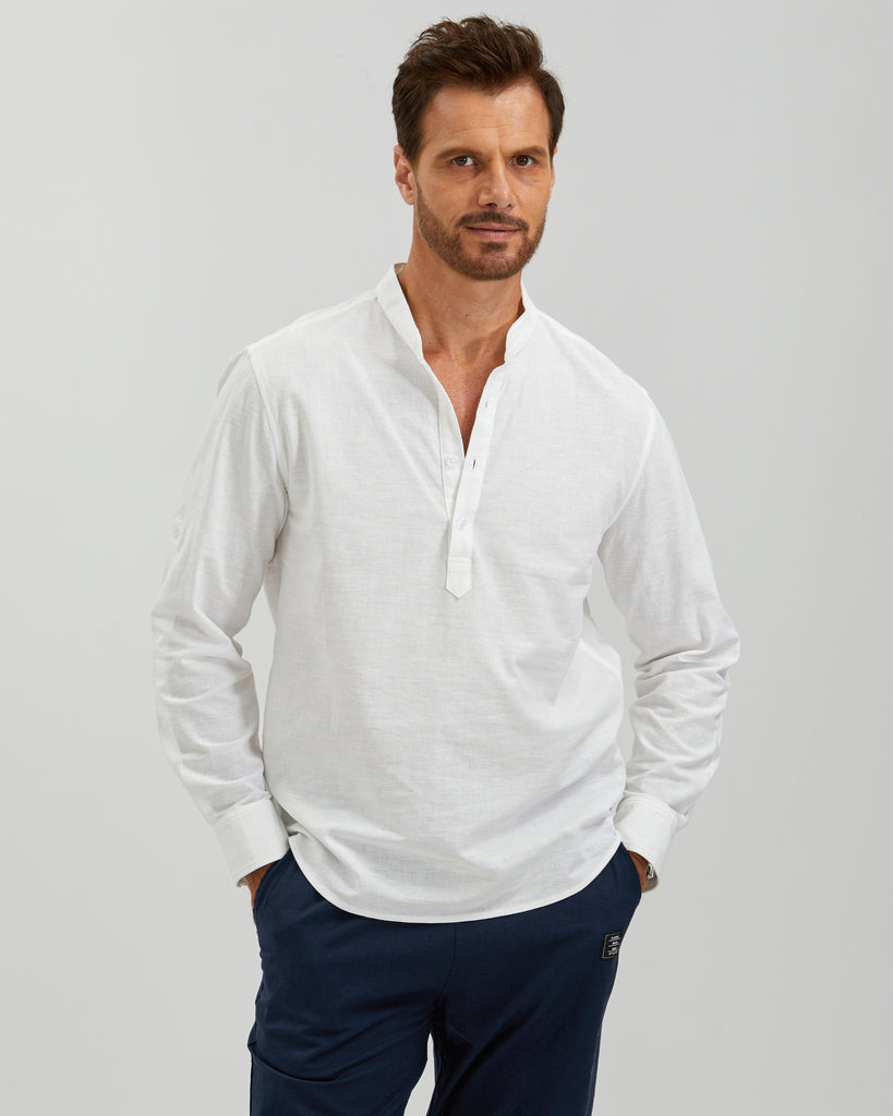 LINEN COTTON POPOVER SHIRT - WHITE