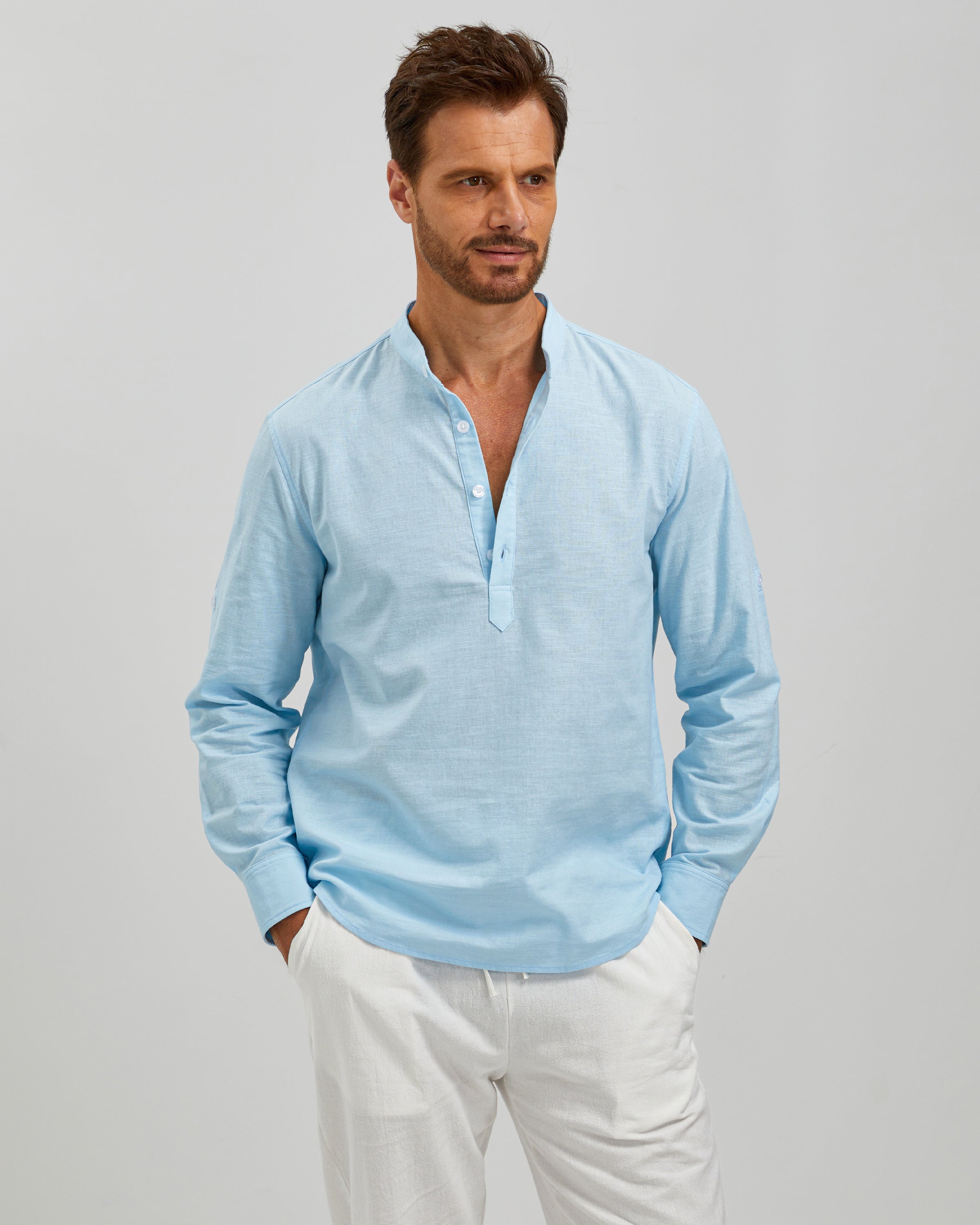 LINEN COTTON POPOVER SHIRT - BLUE