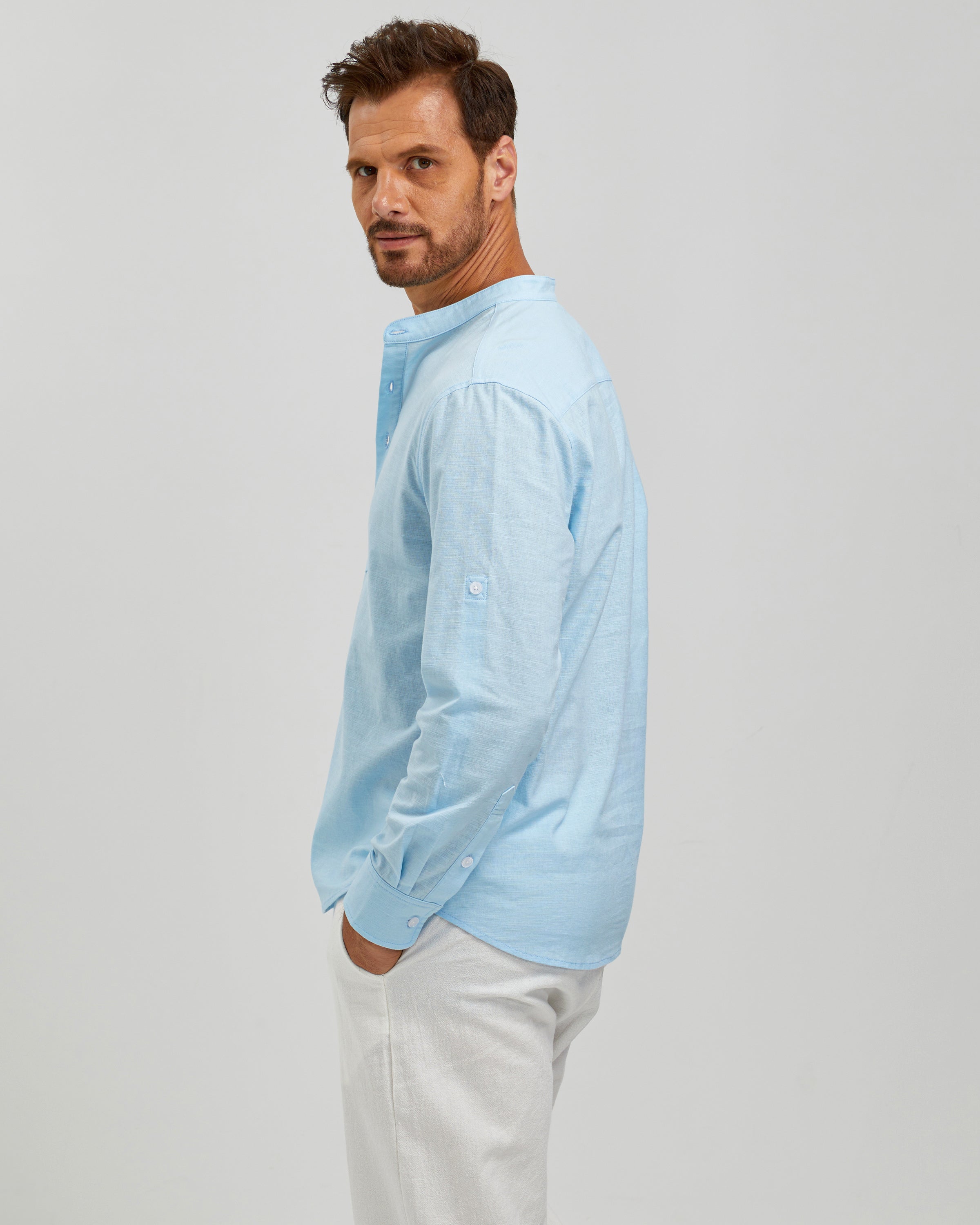LINEN COTTON POPOVER SHIRT - BLUE