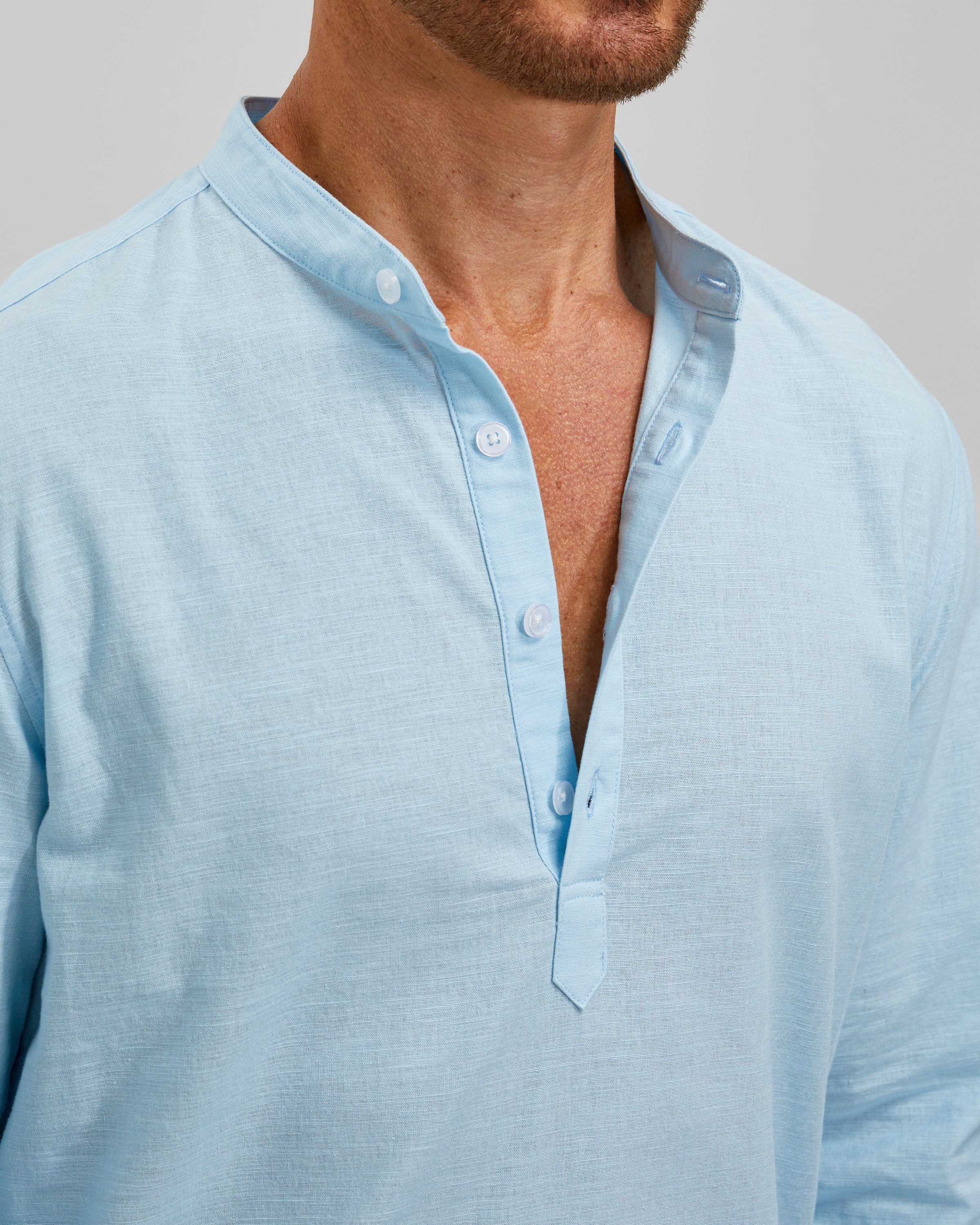 LINEN COTTON POPOVER SHIRT - BLUE
