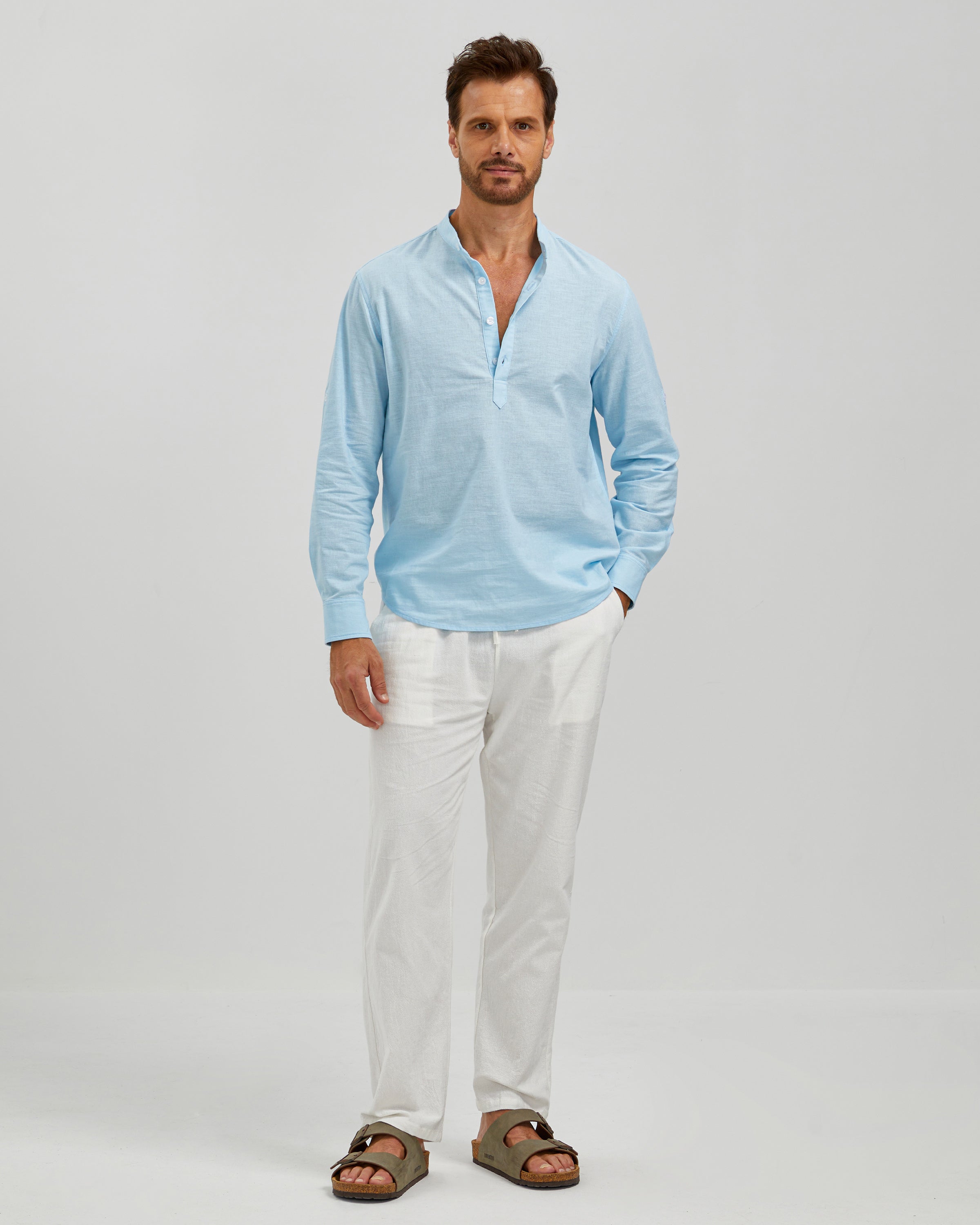 LINEN COTTON POPOVER SHIRT - BLUE