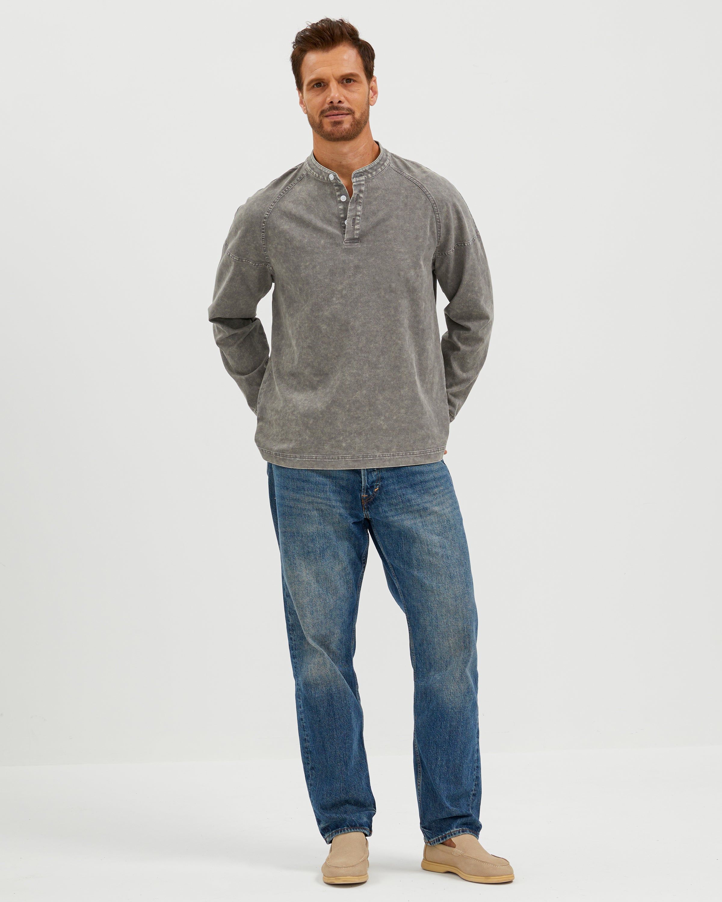 VINTAGE WASHED COTTON HENLEY SHIRT - GRAY