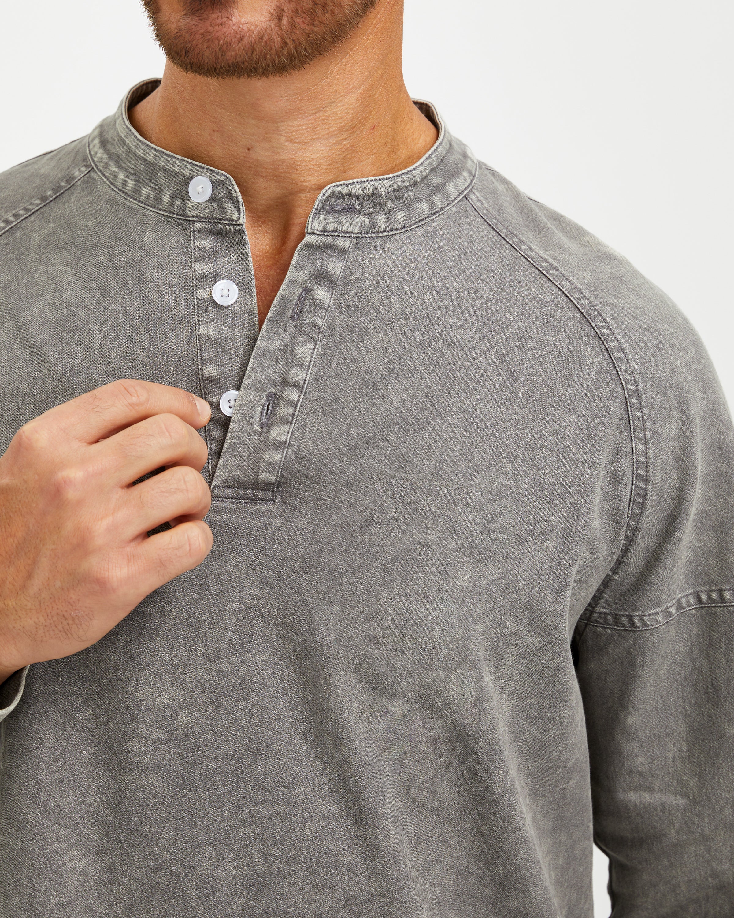 VINTAGE WASHED COTTON HENLEY SHIRT - GRAY