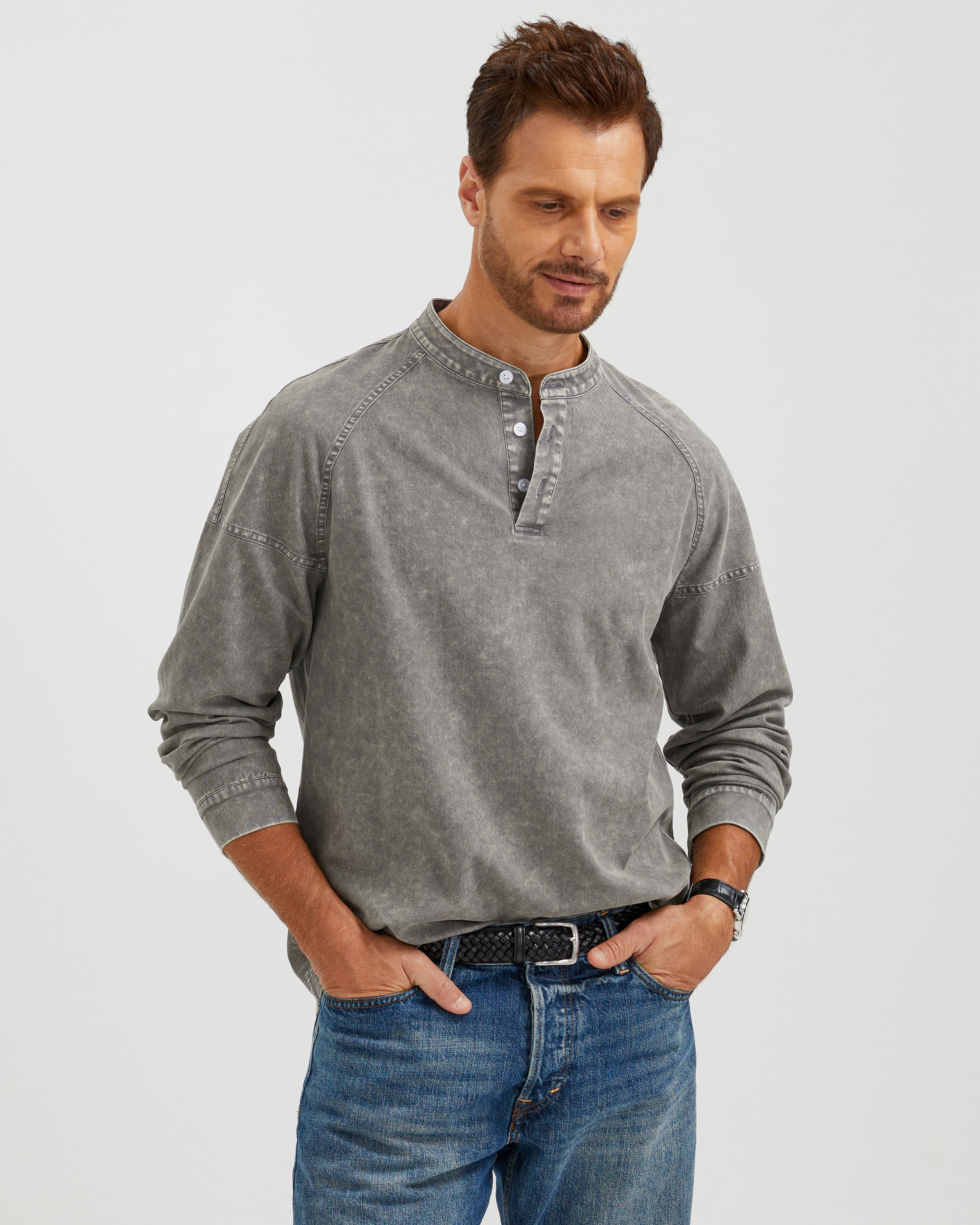 VINTAGE WASHED COTTON HENLEY SHIRT - GRAY