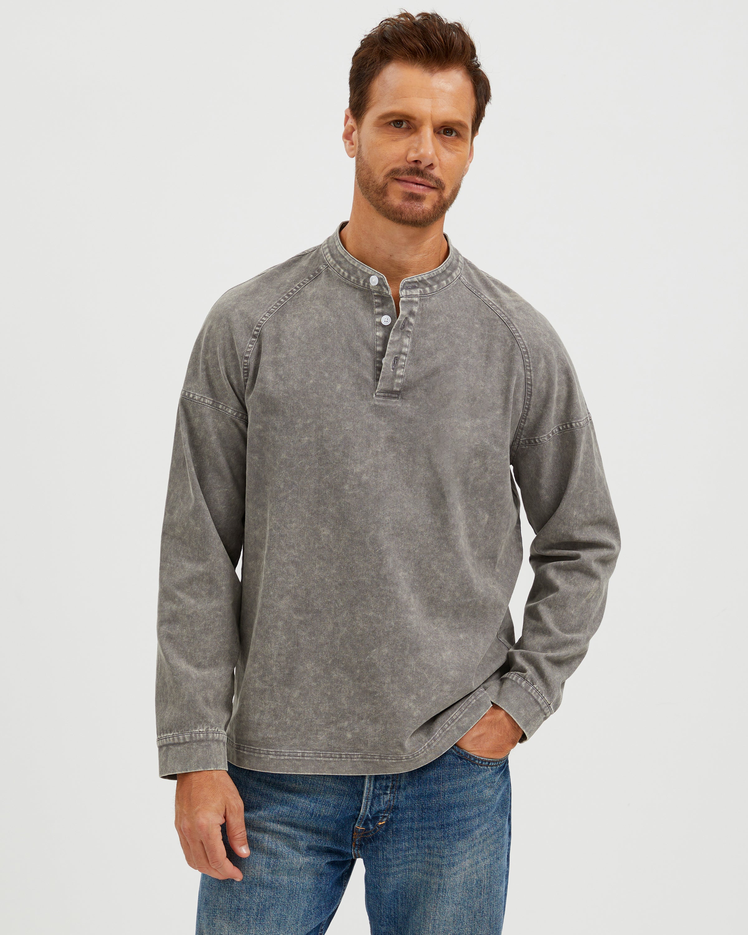 VINTAGE WASHED COTTON HENLEY SHIRT - GRAY