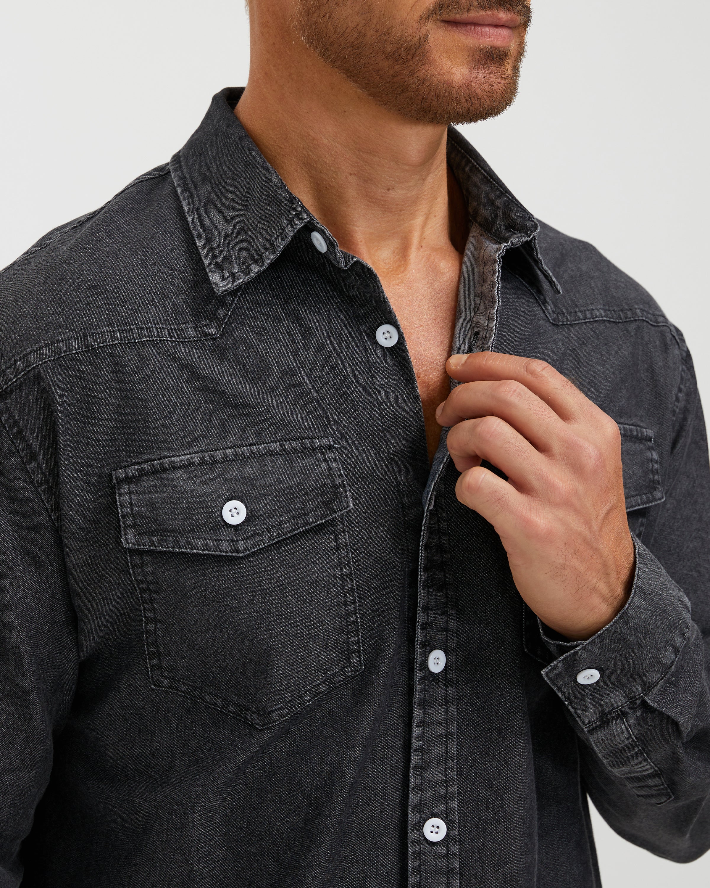 VINTAGE WASHED COTTON WESTERN SHIRT - BLACK