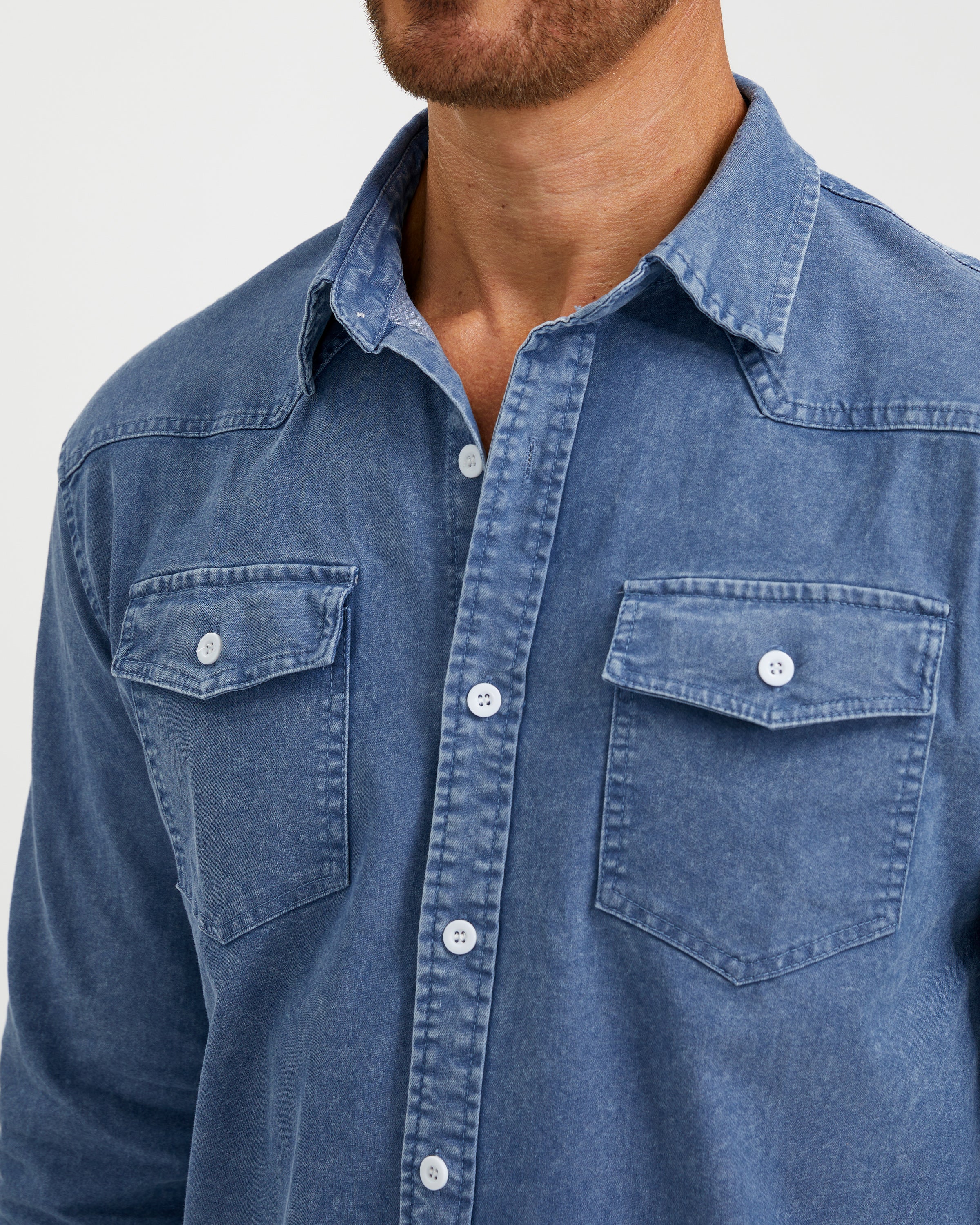 VINTAGE WASHED COTTON WESTERN SHIRT - BLUE