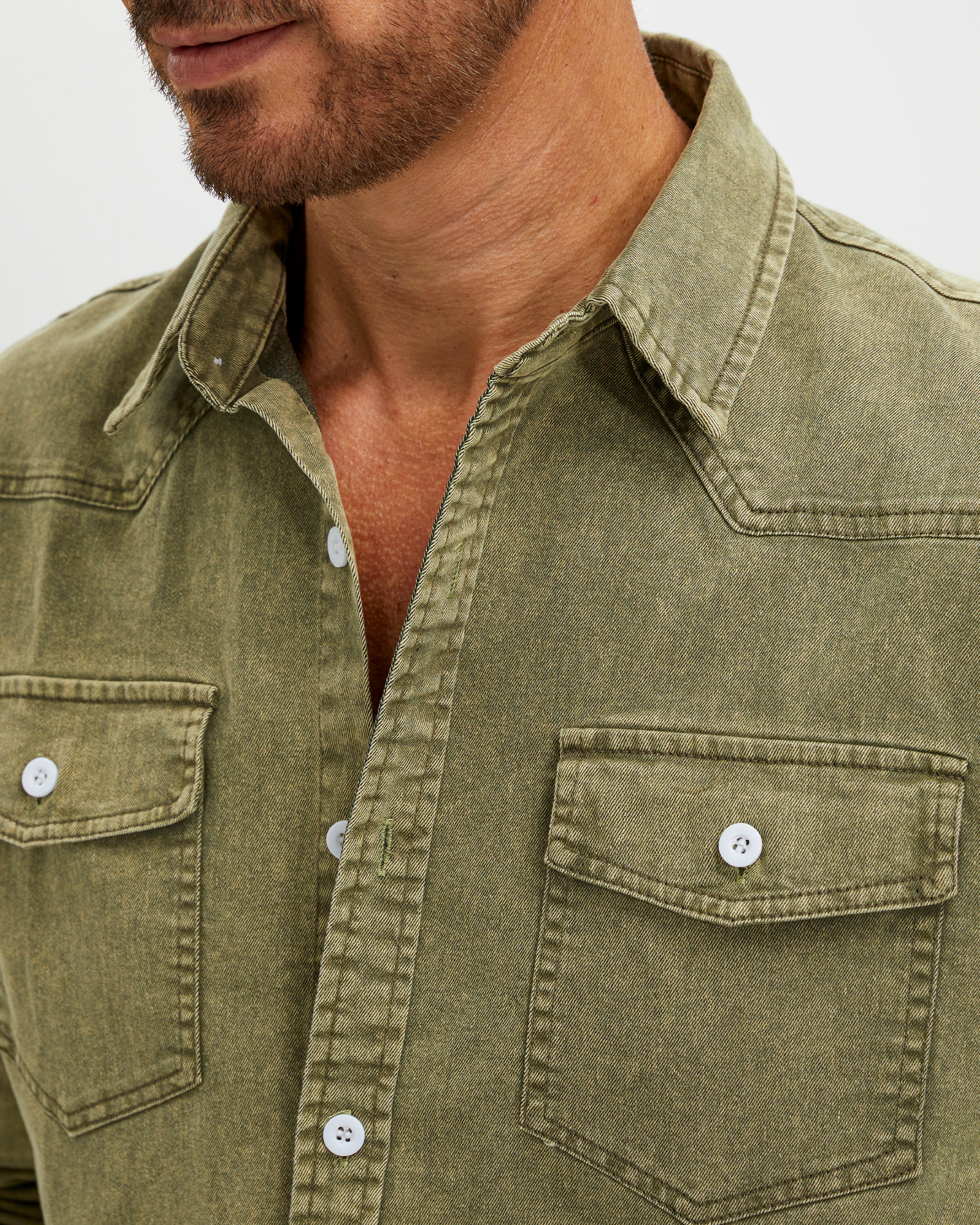 VINTAGE WASHED COTTON WESTERN SHIRT - OLIVE GREEN