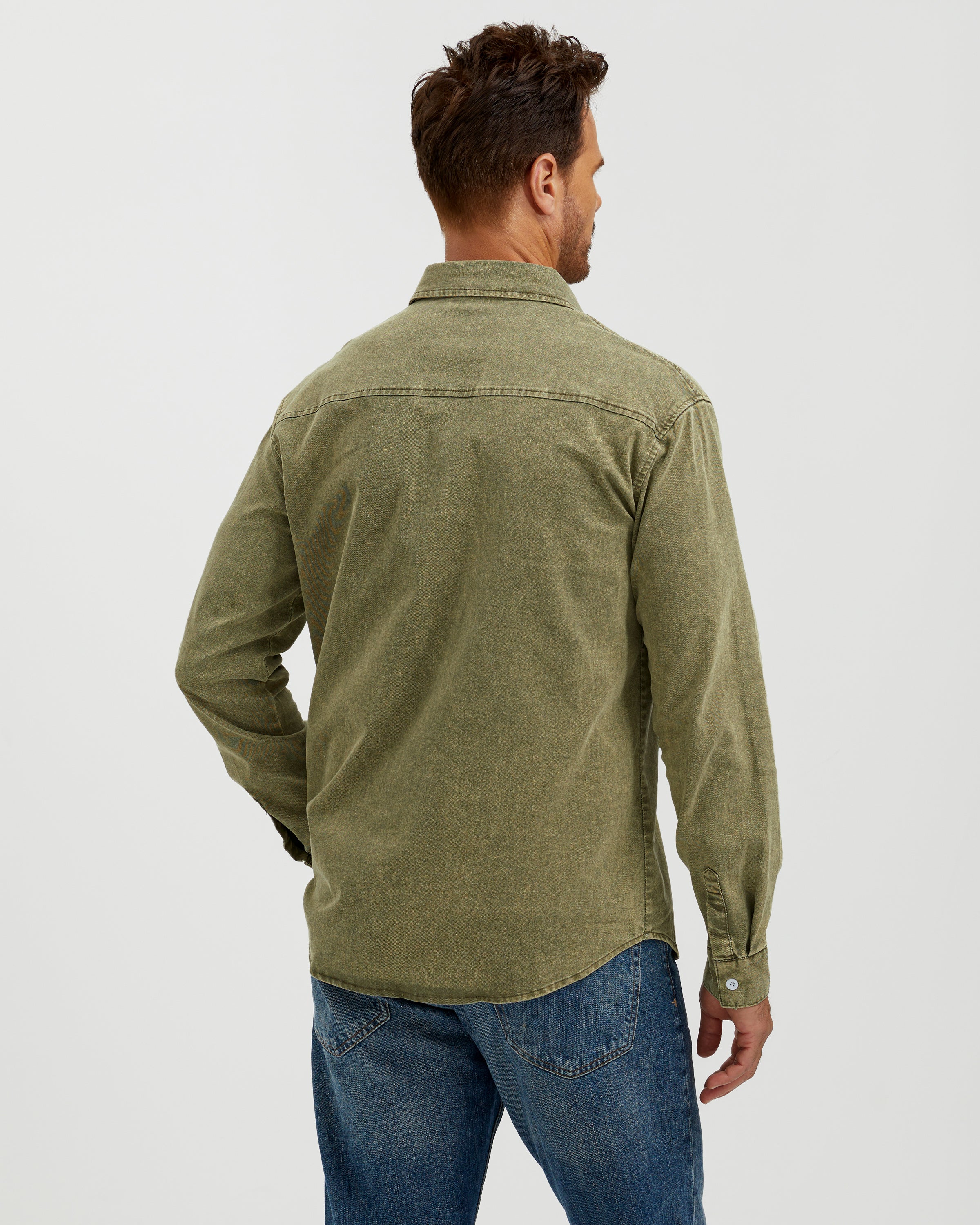 VINTAGE WASHED COTTON WESTERN SHIRT - OLIVE GREEN