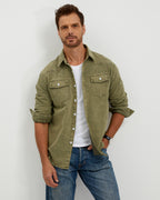 VINTAGE WASHED COTTON WESTERN SHIRT - OLIVE GREEN