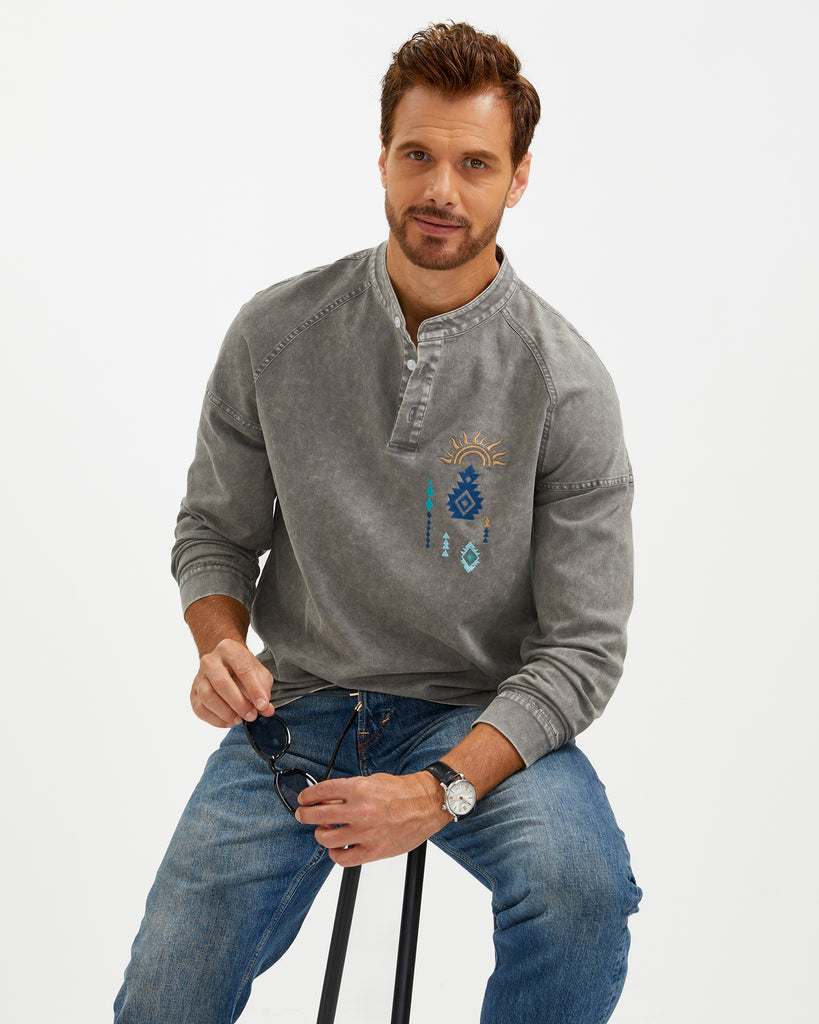 EMBROIDERED WASHED COTTON HENLEY T-SHIRT
