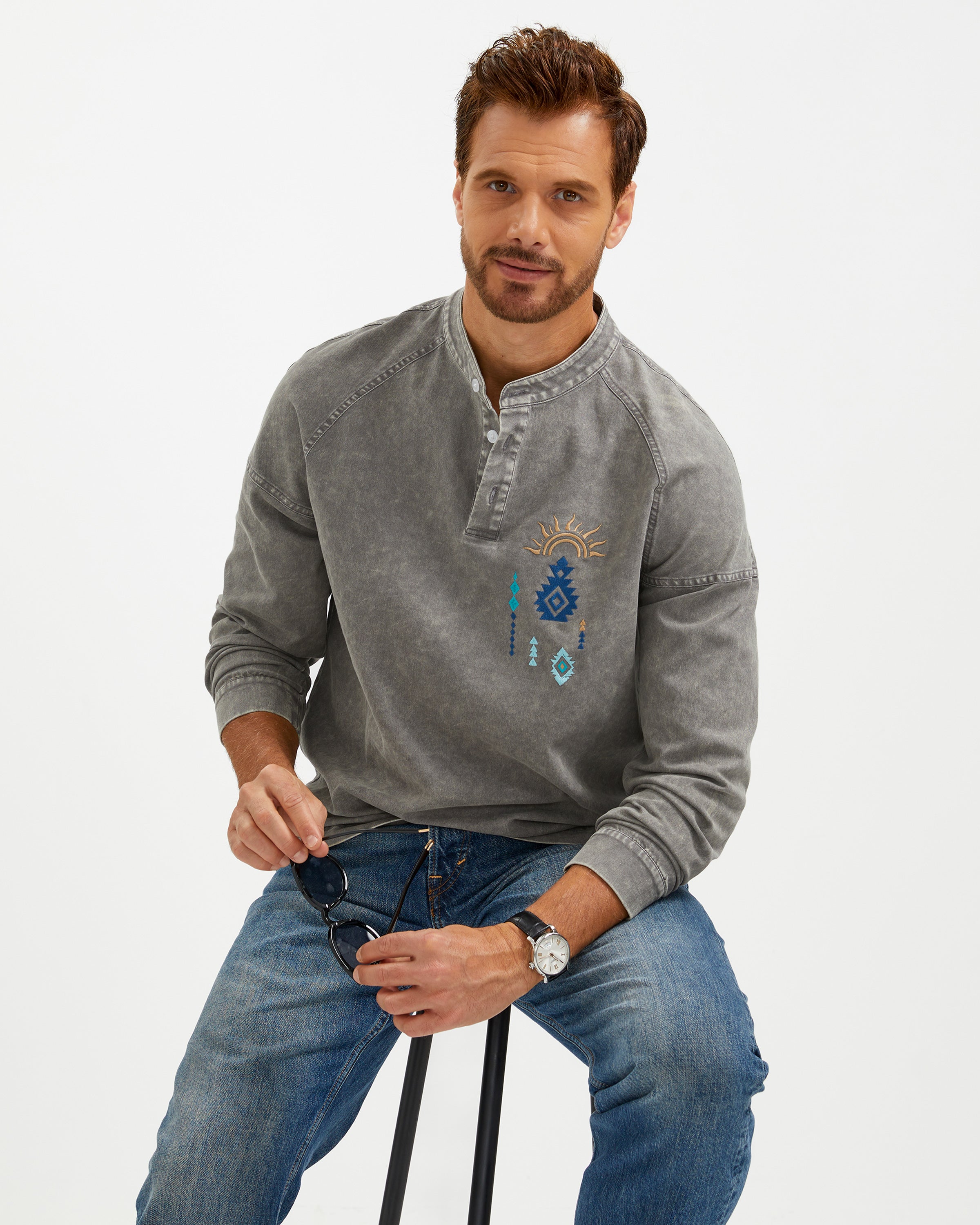 EMBROIDERED WASHED COTTON HENLEY T-SHIRT