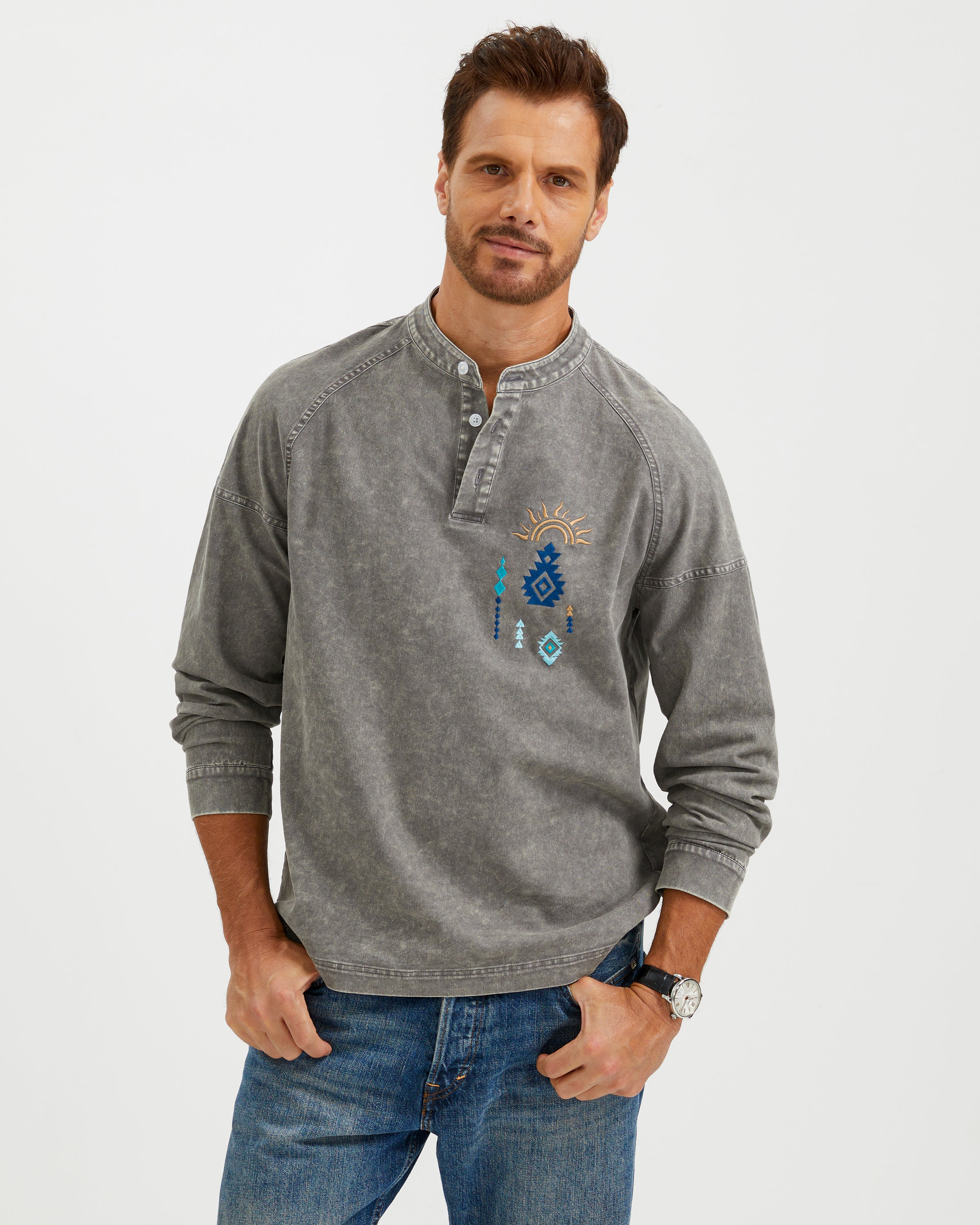 EMBROIDERED WASHED COTTON HENLEY T-SHIRT
