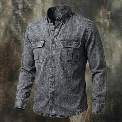 Men's Long Sleeve Denim Shirt with Pocket - Vintage Daily Casual Apparel