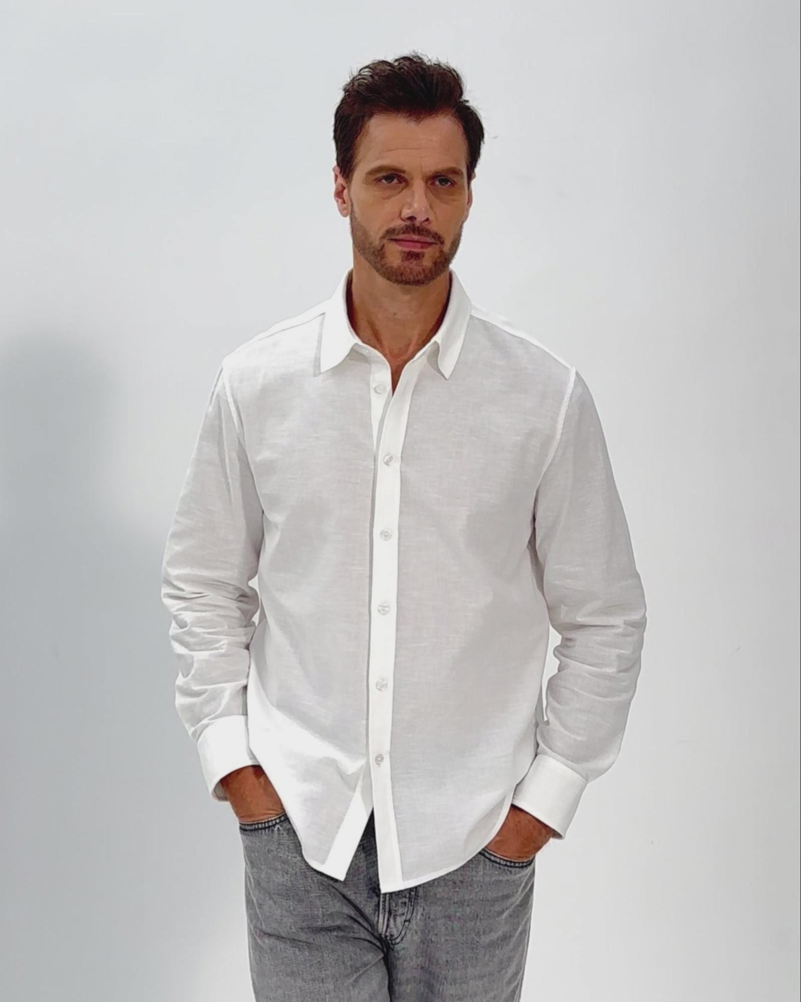 LINEN COTTON BUTTON UP SHIRT - WHITE