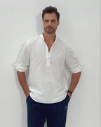 LINEN COTTON POPOVER SHIRT - WHITE