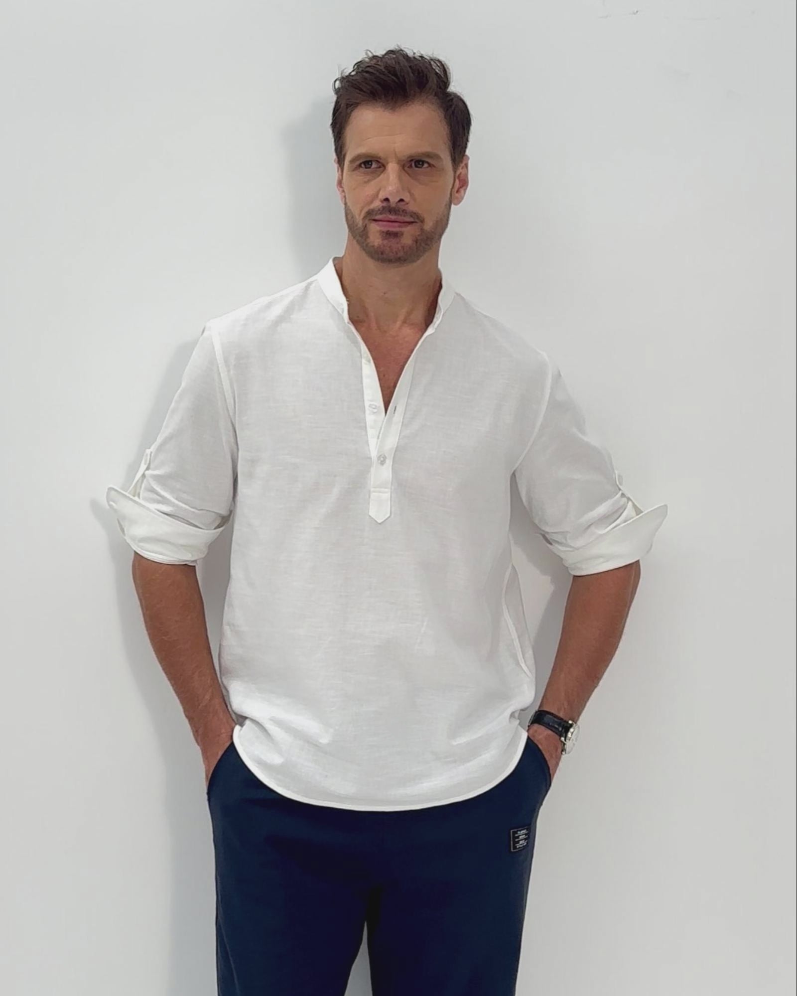 LINEN COTTON POPOVER SHIRT - WHITE