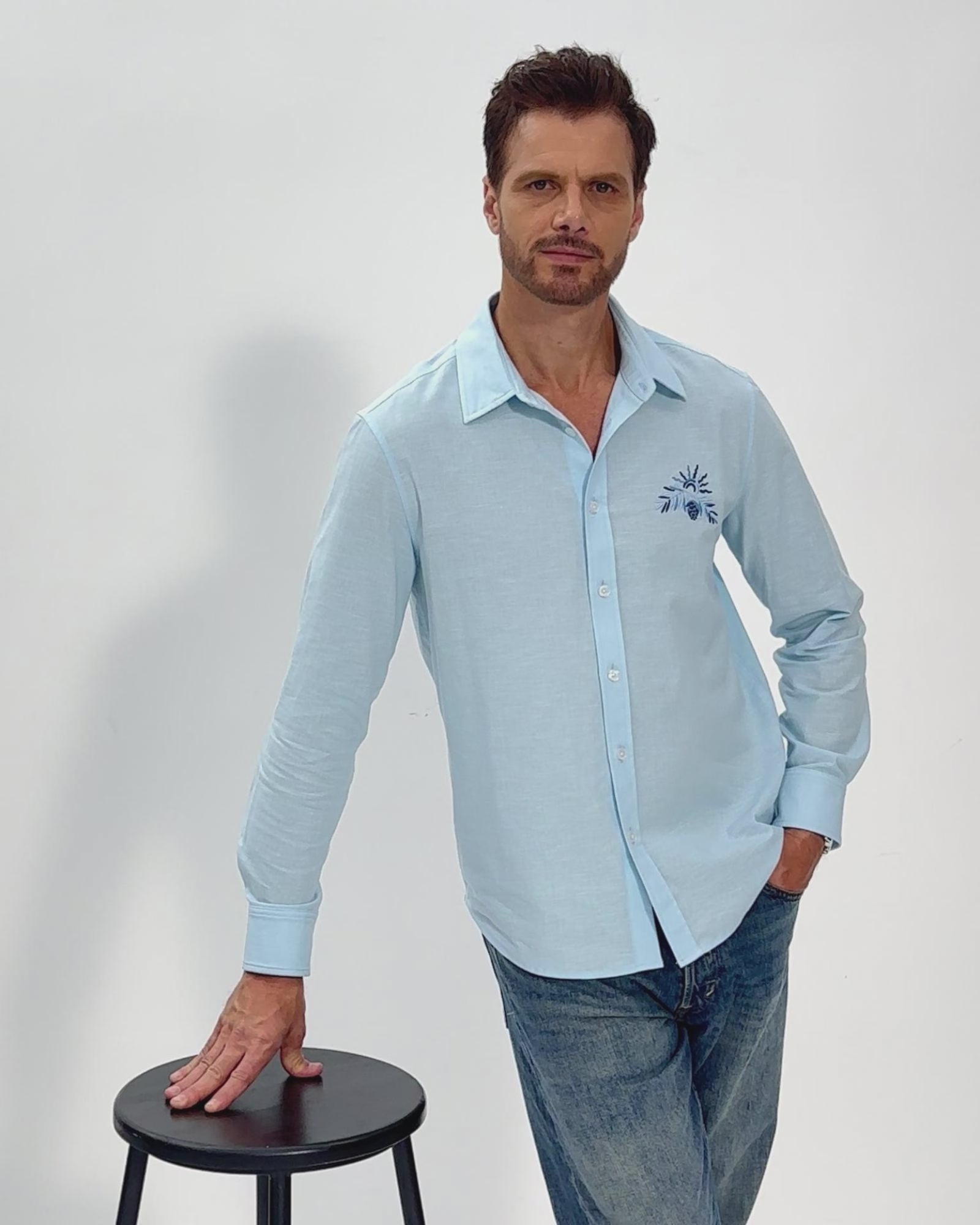 EMBROIDERED LINEN COTTON SHIRT - BLUE