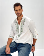 EMBROIDERED LINEN COTTON POPOVER SHIRT - WHITE