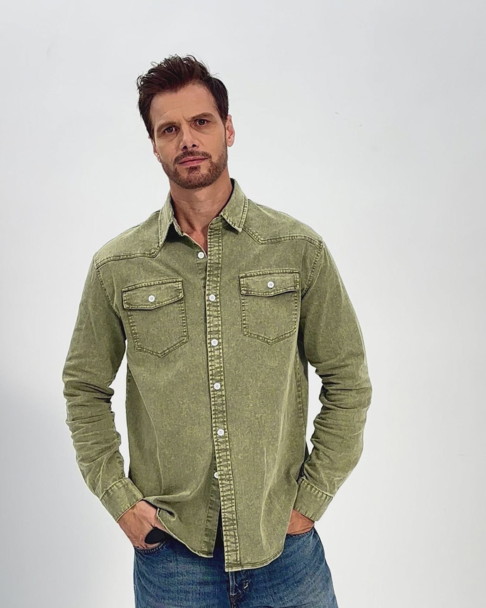VINTAGE WASHED COTTON WESTERN SHIRT - OLIVE GREEN