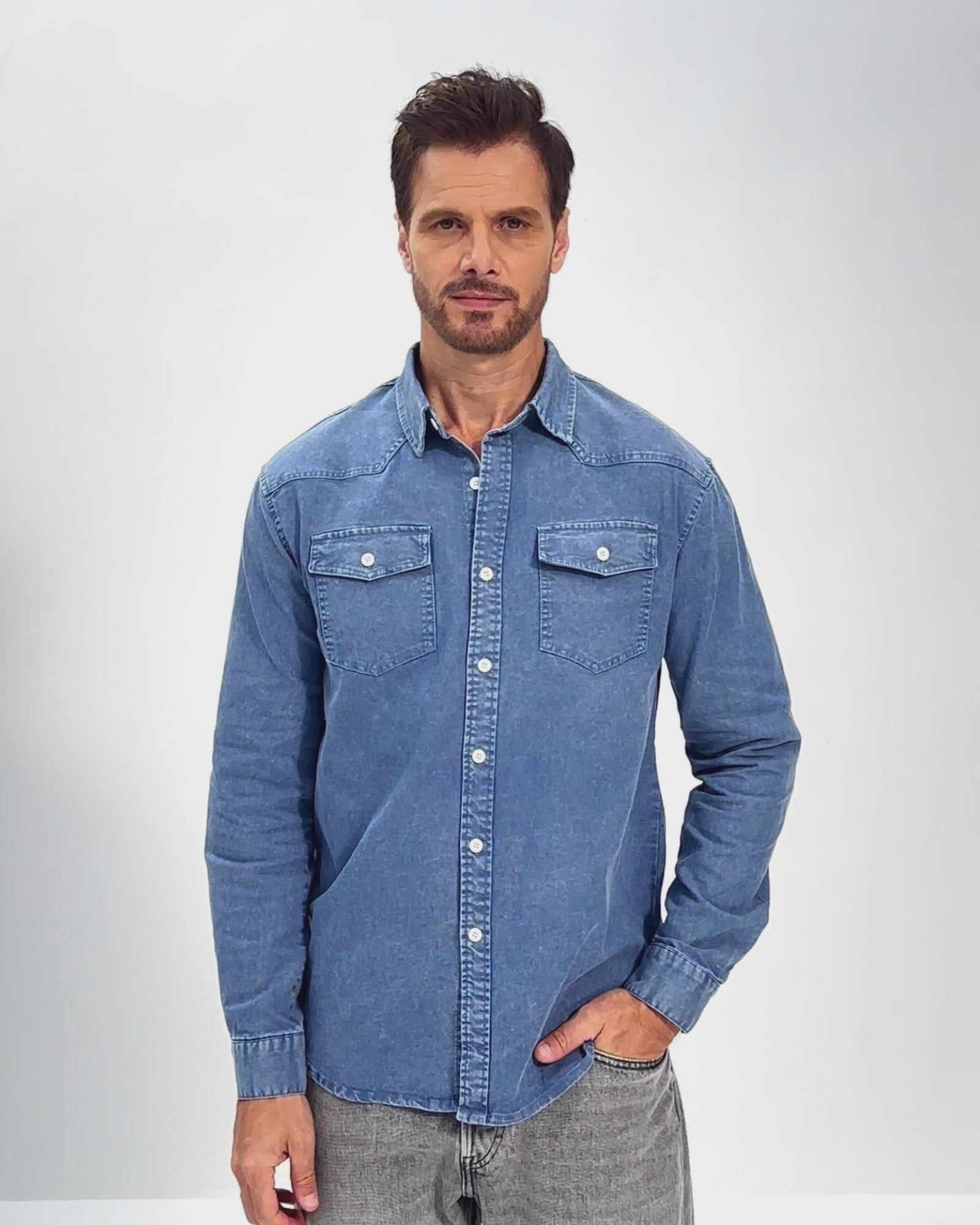 VINTAGE WASHED COTTON WESTERN SHIRT - BLUE